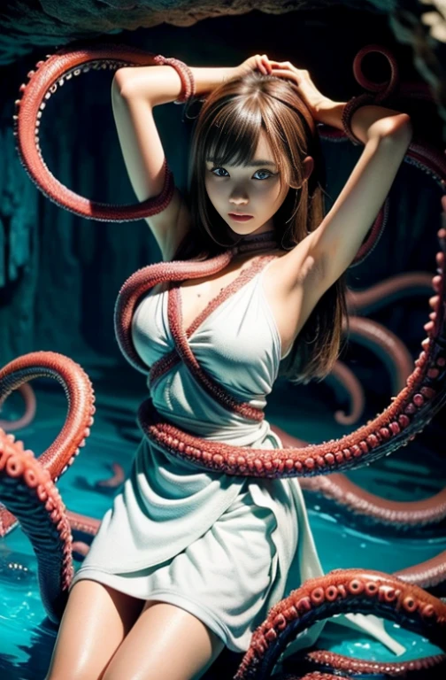 ((masterpiece)), ((best quality)), (ultra-detailed),(in the cave),(monster),(((many tentacles wrap arotnd the body))),a cute girl, 1girl, solo, (white girly dress),((many tentacles bound arms)), ((thin waist)),large breast, slim, slender,beautiful brown hair, beautiful blue eyes, (beautiful eyes), long hair,troubled expressio