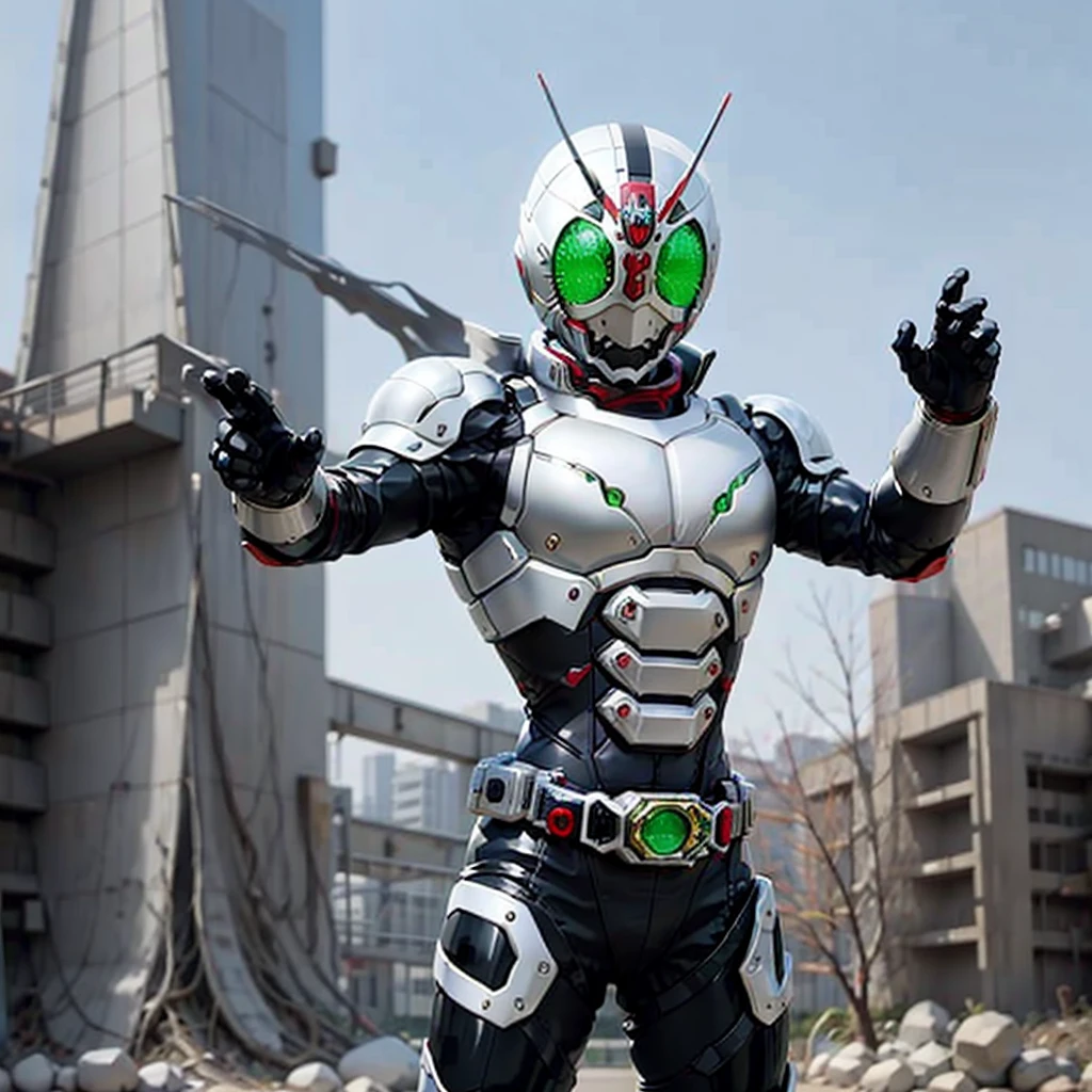 1 Kamen Rider、metallic silver body、cool pose、Take a full body photo