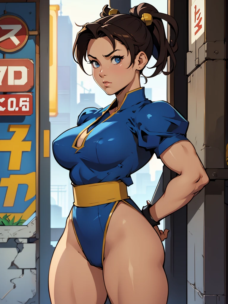 chun li, street fighter, roupa da equipe rocket, de frente num beco japones, olhos lindos e detalhados