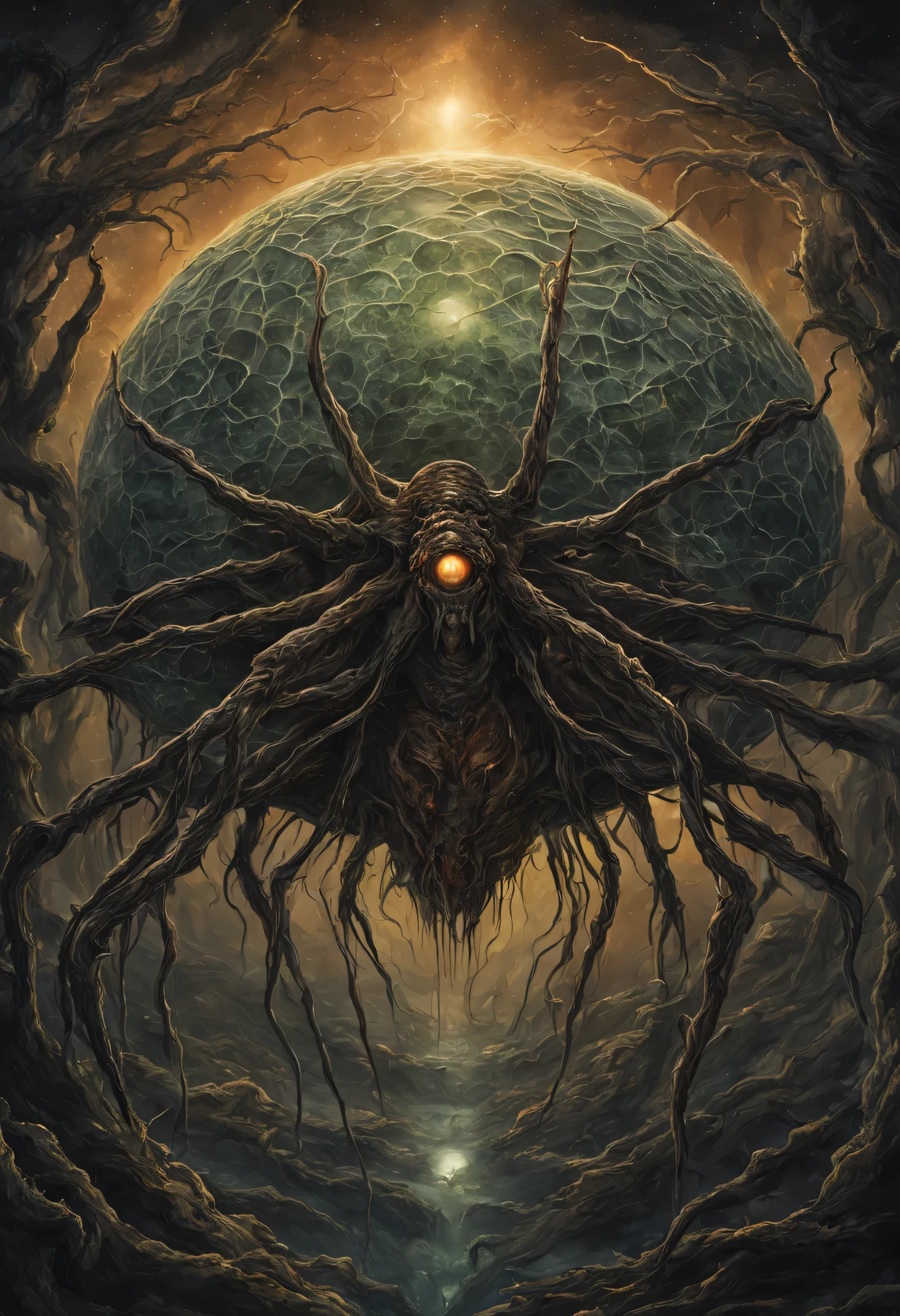 best quality,ultra-detailed,spooky,alien spiderweb,cosmic shadows,glowing eyes,metallic structures,giant egg sacs,otherworldly flora and fauna,dripping venomous fangs,starlight filaments,ominous tunnels,dark abyss,extraterrestrial insectoids,warping dimensions,colorful bioluminescence,unearthly landscapes,dreadful atmosphere,mysterious vibrations,infested with cosmic parasites,haunting beauty,abandoned spaceships,horrifying metamorphosis,hostile environment,interdimensional portal,invasion of extraterrestrial creatures,dangerous and unknown depths,organic architecture,nightmare-inducing shapes,flickering tendrils,nightmarish chittering sounds,alien eggs,infinitely expanding creepiness,night sky filled with eerie lights,undulating alien membranes,bizarre shapes emerging from the darkness,buried secrets of the space arachnids,cosmic horror,spidery legs in the shadows,intergalactic arachnids,predatory instincts,terrors from outer space,lurking in the void,alien entangling webs,dreadful gaze from multiple eyes,unimaginable horrors in the depths of their lair,hunting grounds in the cosmos.