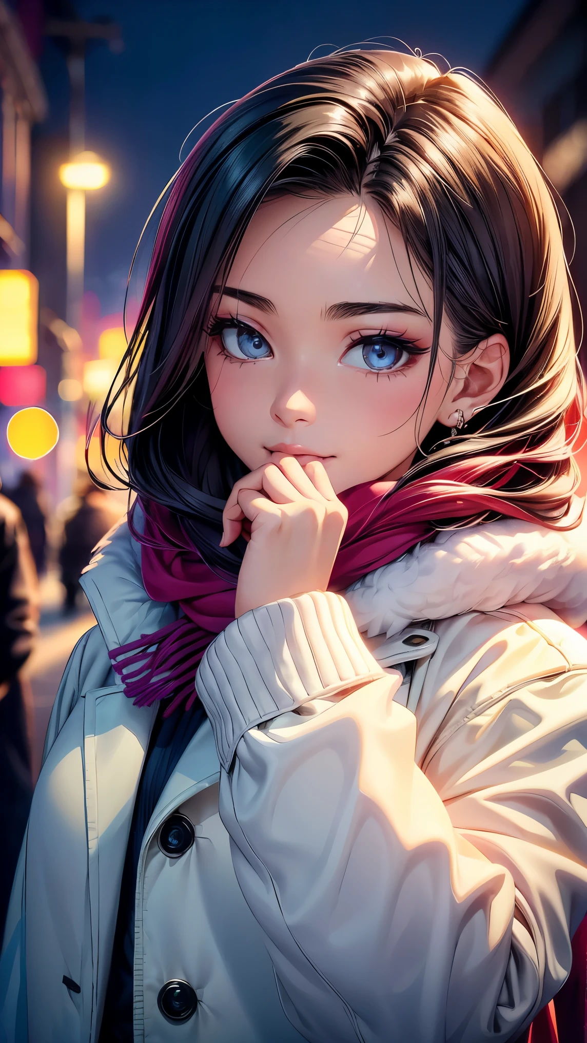 (8K, RAW photo, 最high quality, masterpiece: 1.2), High-definition RAW color photo, Professional photo shoot, cinematic light, , (((young woman, gal))), (Sharp features), (Big eyes), (small face), (high detail skin: 1.2), cute face, beautiful appearance, long eyelashes, (rainbow hair), (slim body:1.5), very detailed顔と肌の質感, detailed eyes, natural makeup, white coat, A woman whose mouth is hidden by a fluffy white scarf, hold the muffler with your hand, cold air feeling, ((Face close-up shot)), smile, staring eyes, beautiful skin, shiny skin, perfect fingers, five fingers, anatomically correct, winter background, background bokeh, high quality, surreal, bright colors, ((very detailed, photo shoot)),