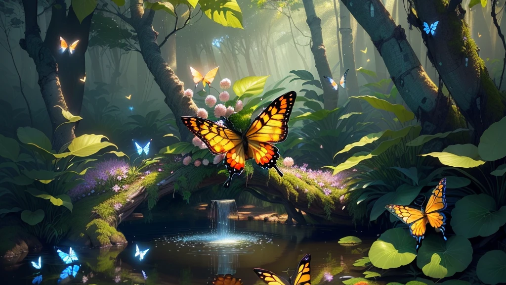 masterpiece, highest quality, (Highly detailed CG Unity 8K wallpaper), (highest quality), (best illustrations), (best shadows), Glow Sprite, (((With many shining butterflies))), In the pool Drinking water, natureの要素 in the forest theme. Mysterious Forest, beautiful forest, nature, ((Surrounded by shining flowers)), delicate leaf and branches surrounded by fire Fly (natureの要素), (Jungle theme), (leaf), (Twigs), (fire Fly), (particle effects), wait. 3D, octane rendering, ray tracing, super detailed