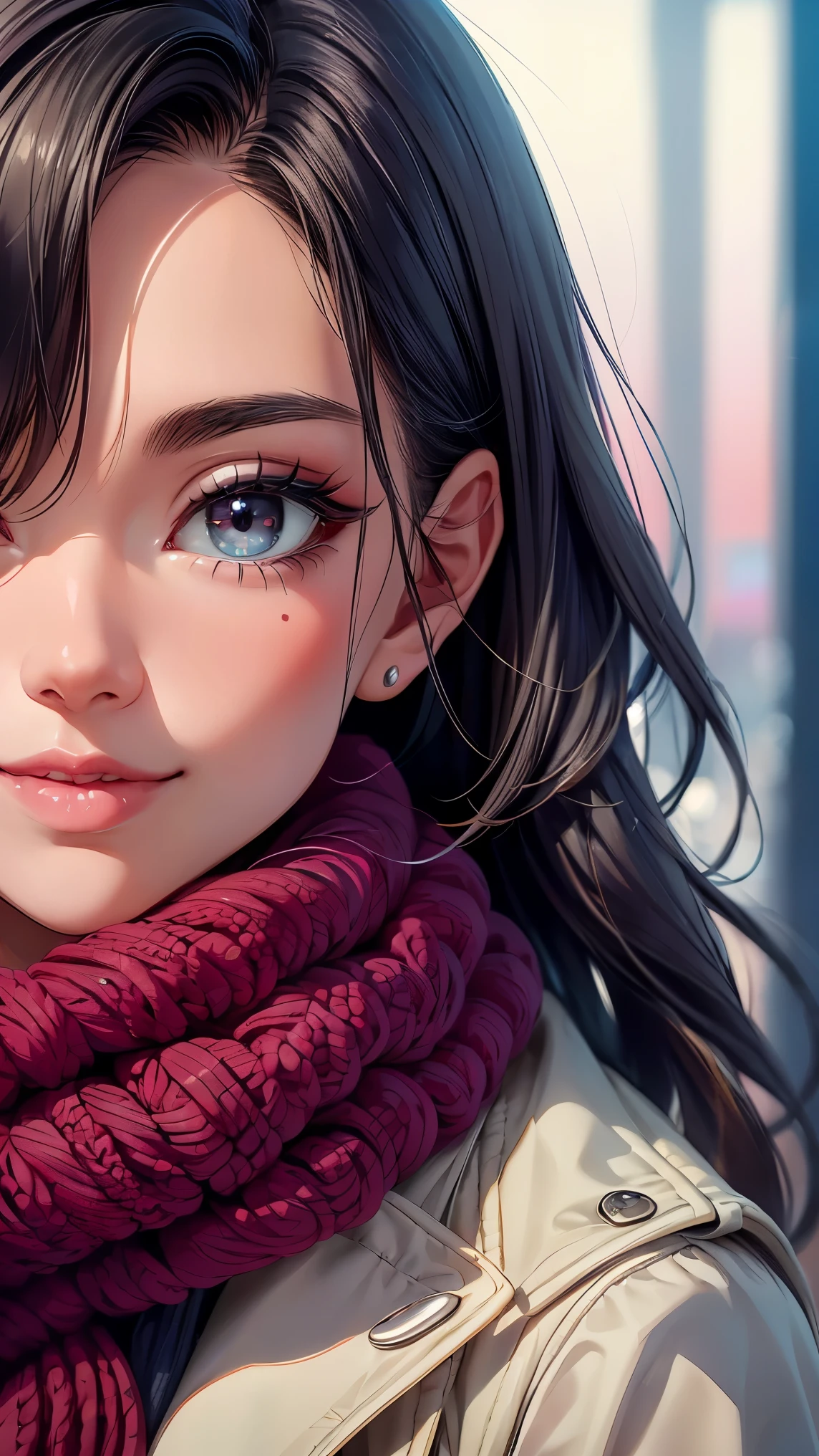 (8K, RAW photo, 最high quality, masterpiece: 1.2), High-definition RAW color photo, Professional photo shoot, cinematic light, , (((young woman, gal))), (Sharp features), (Big eyes), (small face), (high detail skin: 1.2), cute face, beautiful appearance, long eyelashes, (rainbow hair), (slim body:1.5), very detailed顔と肌の質感, detailed eyes, natural makeup, white coat, A woman whose mouth is hidden by a fluffy white scarf, hold the muffler with your hand, cold air feeling, ((Face close-up shot)), smile, staring eyes, beautiful skin, shiny skin, perfect fingers, five fingers, anatomically correct, winter background, background bokeh, high quality, surreal, bright colors, ((very detailed, photo shoot)),