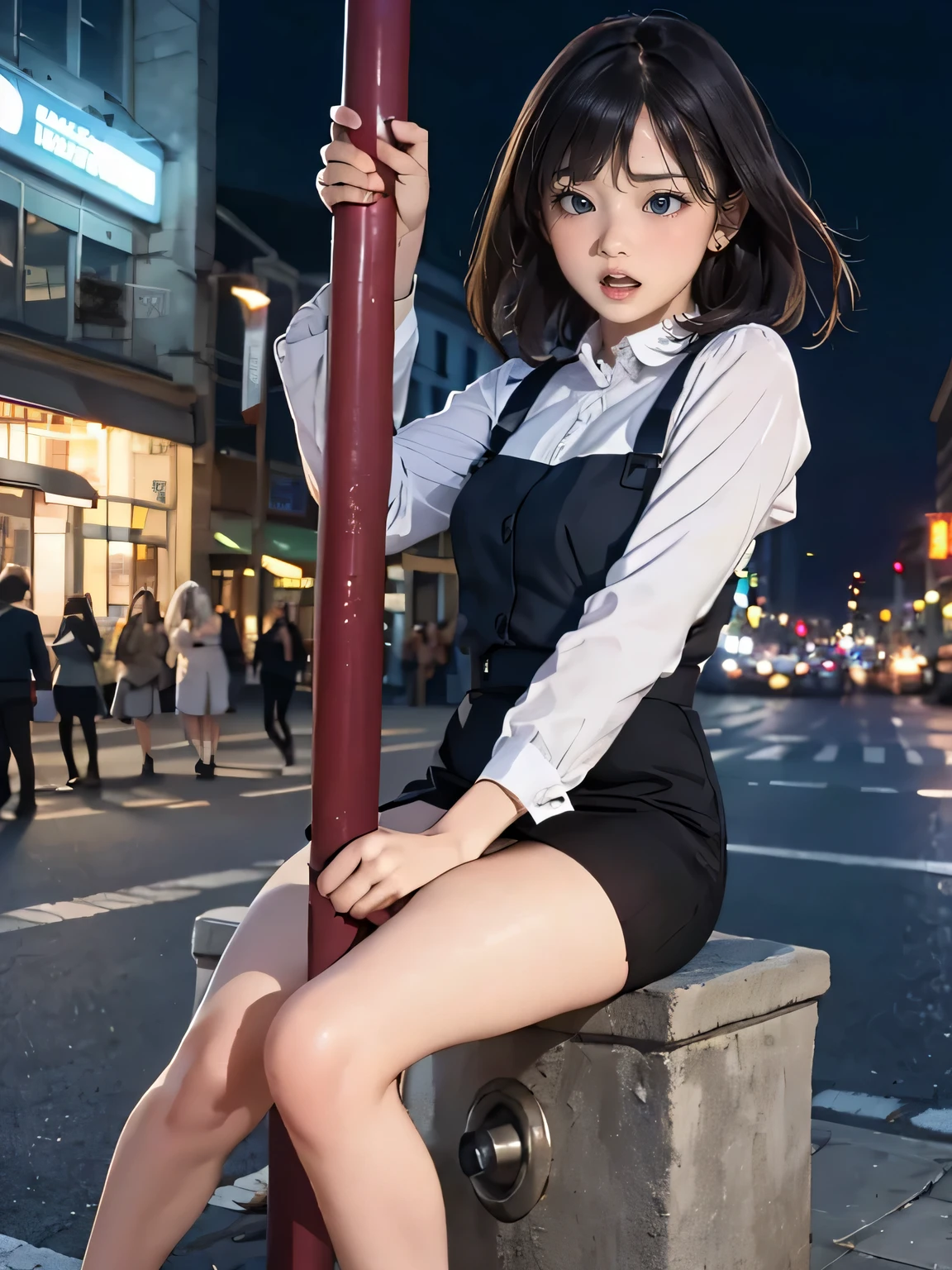 angle from below, pencil-skirt, drooping eyes, realistic skin, shame, open legs, (straddle the stone-bollard for masturbation, panties, open mouth), ((dark hour of down, downtown)),