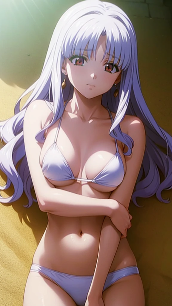 masterpiece, best quality, 1 solo girl, white hair, red eyes, wavy hair, long hair, medium breasts, mature body and face, white bikini, jewelry, hair ornament, earrings, ball, lying at the sand, white sand, summer, cowboy shots, sexy pose, dakimakura, detailed body, face, and eyes, sharp focus, vibrant, creative, dynamic, high definition, high resolution, 8k, (Upscale: R-ESRGAN 4x+ Anime6B), (Image enchance:4x), voluptuous body, summer girl,