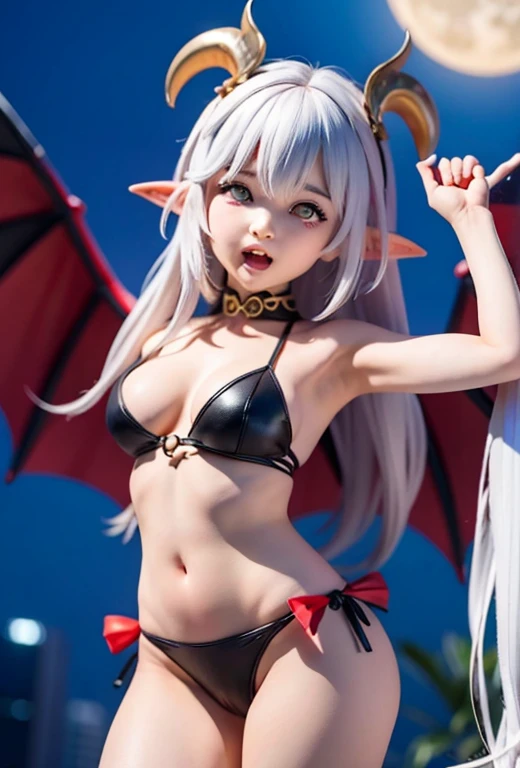 High resolution、High level image quality、8K、real live action、Raw photo、highest quality、masterpiece、16 year old succubus girl、unparalleled beauty、devil's black horns on head、young face、(((beautiful girl)))、long pointed ears、wear bat wings、demon tail、Fangs from the mouth、moon、skyscraper、night view、Princess