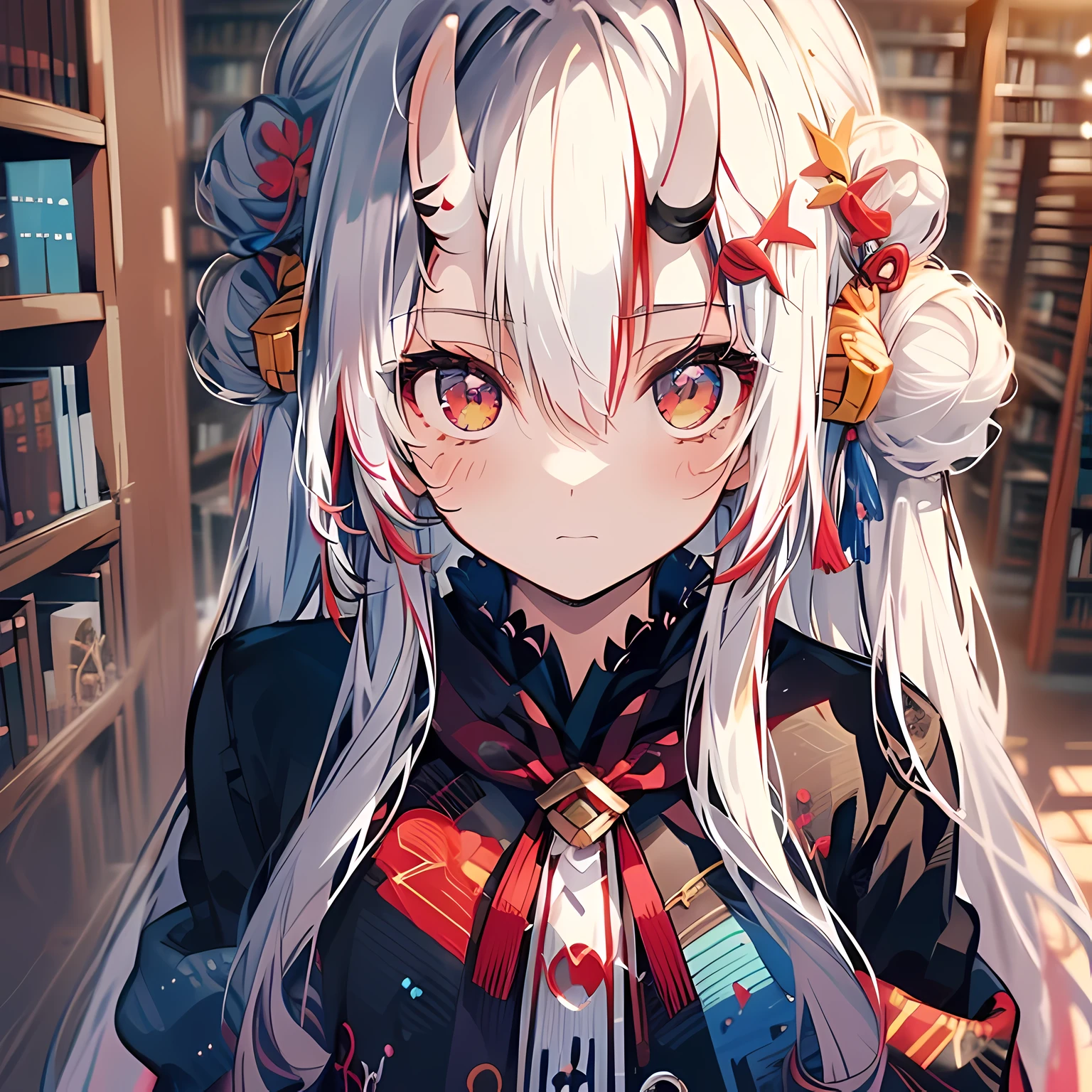((dynamic view)), ((Kiri Ayame)), ((white hair)), ((hair between eyes)), ((trumpet)), ((long hair)), ((bun)), ((hair accessories)), ((library)), ((🌌🪔)), ((from above)), ((Kiri Ayame)), ((white hair)), ((hair between eyes)), ((trumpet)), ((long hair)), ((bun)), ((hair accessories)),