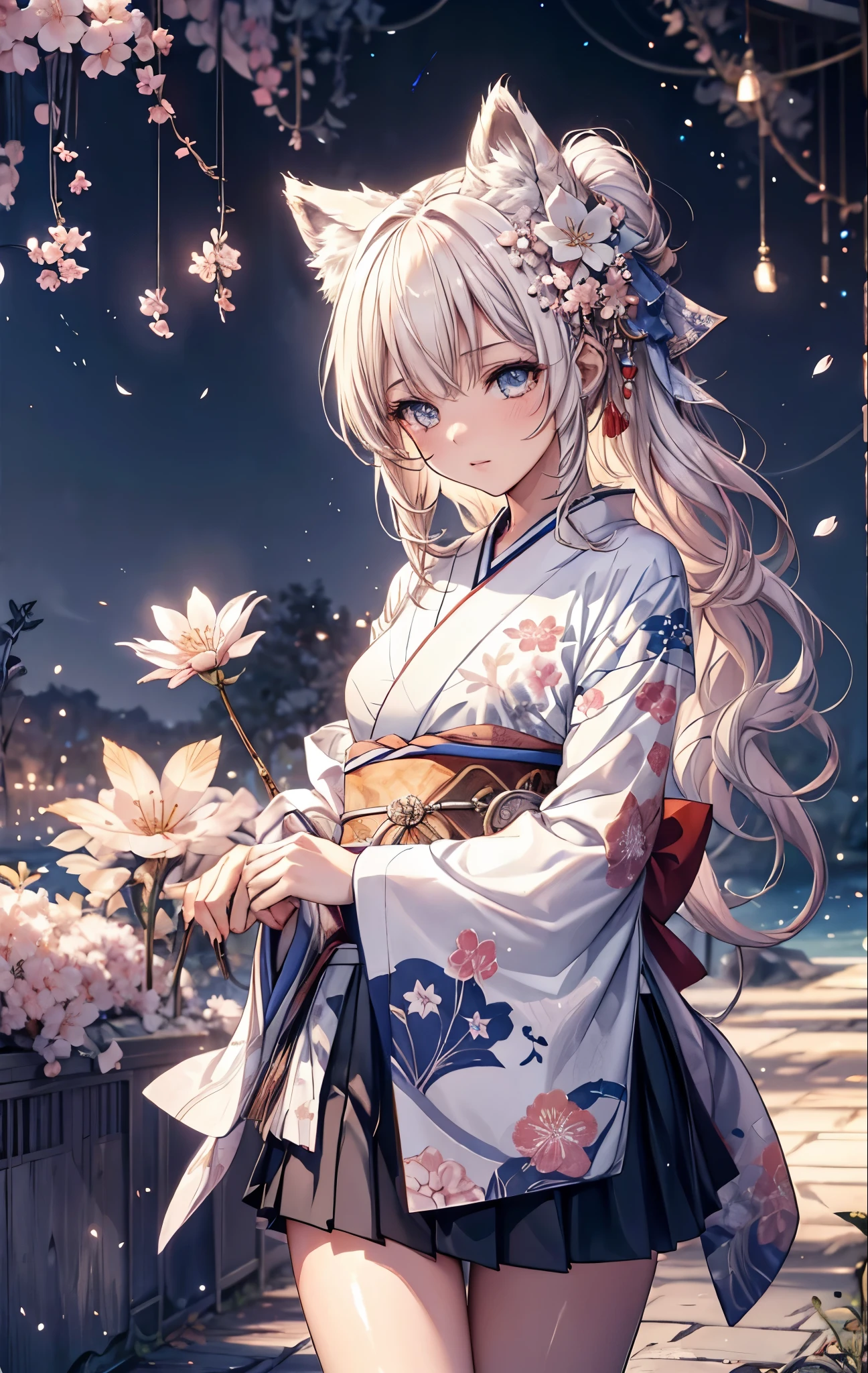 {{masterpiece}}，best quality，Highly detailed CG Unity 8K wallpaper，One woman，movie lighting，lens flare glow,
perfect style, perfect body, clear beautiful eyes, long eyelashes, A path lined with flourishing cherry blossom trees, Lots of cherry blossoms, beautiful sight, petals dance, Fox girl in kimono, mini skirt, 