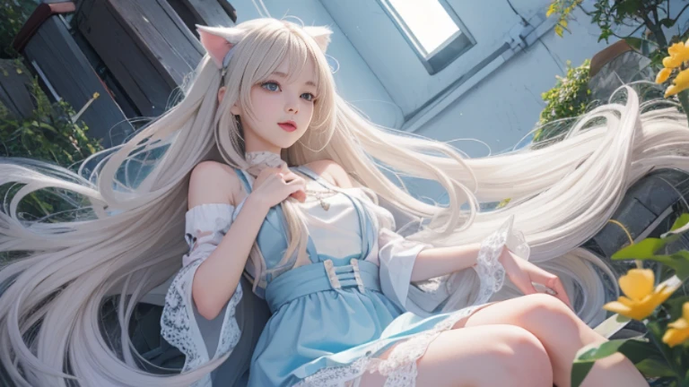 full body, laugh together, bright look、photorealism、highest quality、ultra high resolution、photograph、絶妙に美しい北欧生まれの女の子のphotograph、extraordinary beautiful girl、Detailed cute and beautiful face、(Pure Eros Face_v1:0.008)、beautiful bangs、alice in wonderland、18-year-old、glowing white shiny skin、Flow of hair that extends to the face、bangs between the eyes、super long hair、Attractive light and dark platinum blonde super long straight silky hair、thin hair、Charming shining beautiful bright clear light blue big eyes、white apron、yellow dress、eyeliner、double eyelids、rich bust、two girls、cat ears、great laugh togetherter、short skirt、White lace underskirt、pink panties、