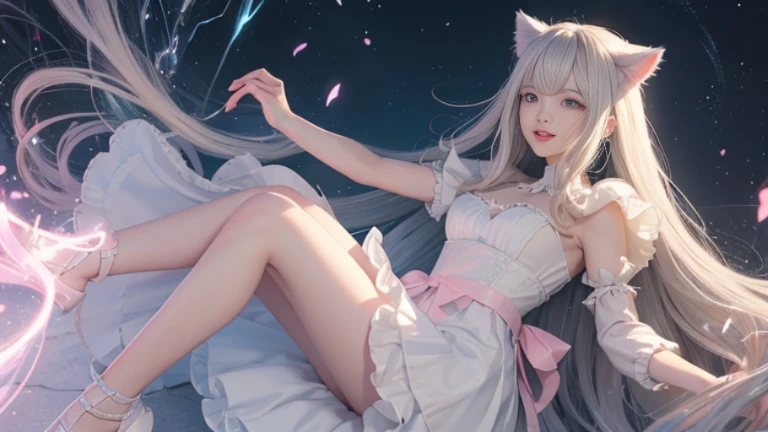 a girl，silver hair，golden pupils，short boots，White lace garter stockings，short skirt，Smile，super high quality，4k，best details，the right light，In the square，Doves flew by
