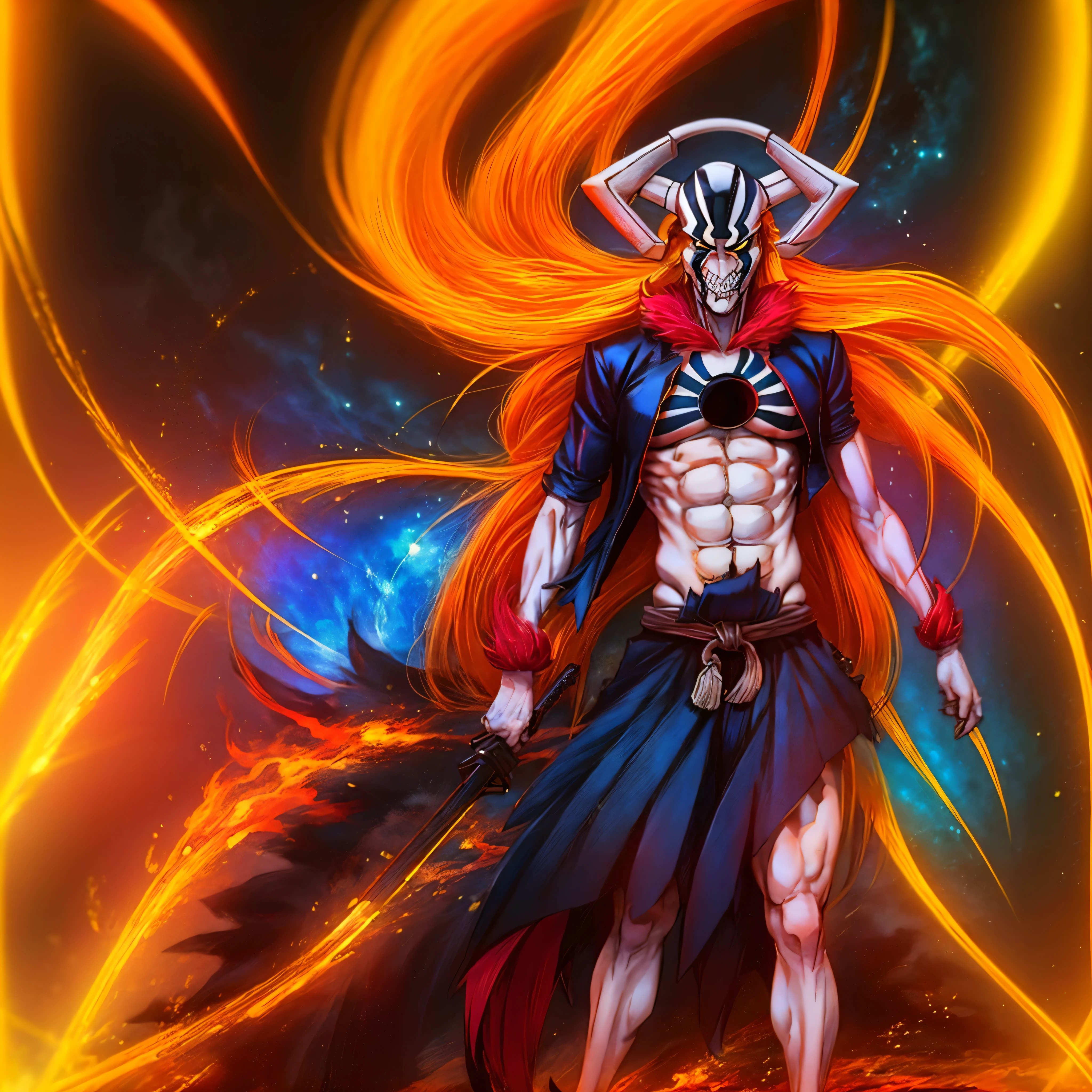 Ichigo-Kuroski Character ((Male)) , Orange Hair Ichigo Bleach style , One (( Samurai)) Bankai sword, Black Eyes , (( CUTE )) , Only One Character , (( Focus on a Character )) , Digital Anime combat Pose, Powerful , Beautiful Man , large black Sword, multidimensional geometric wall PORTRAIT, arte, Chibi, Yang08k, lindo, Colouring, Primary works, qualidade superior, melhor qualidade, Arte Oficial, Beautiful and Aesthetic, varied multi etc. --v 6 --s 1000 --c 20 --q 20 --chaos 100