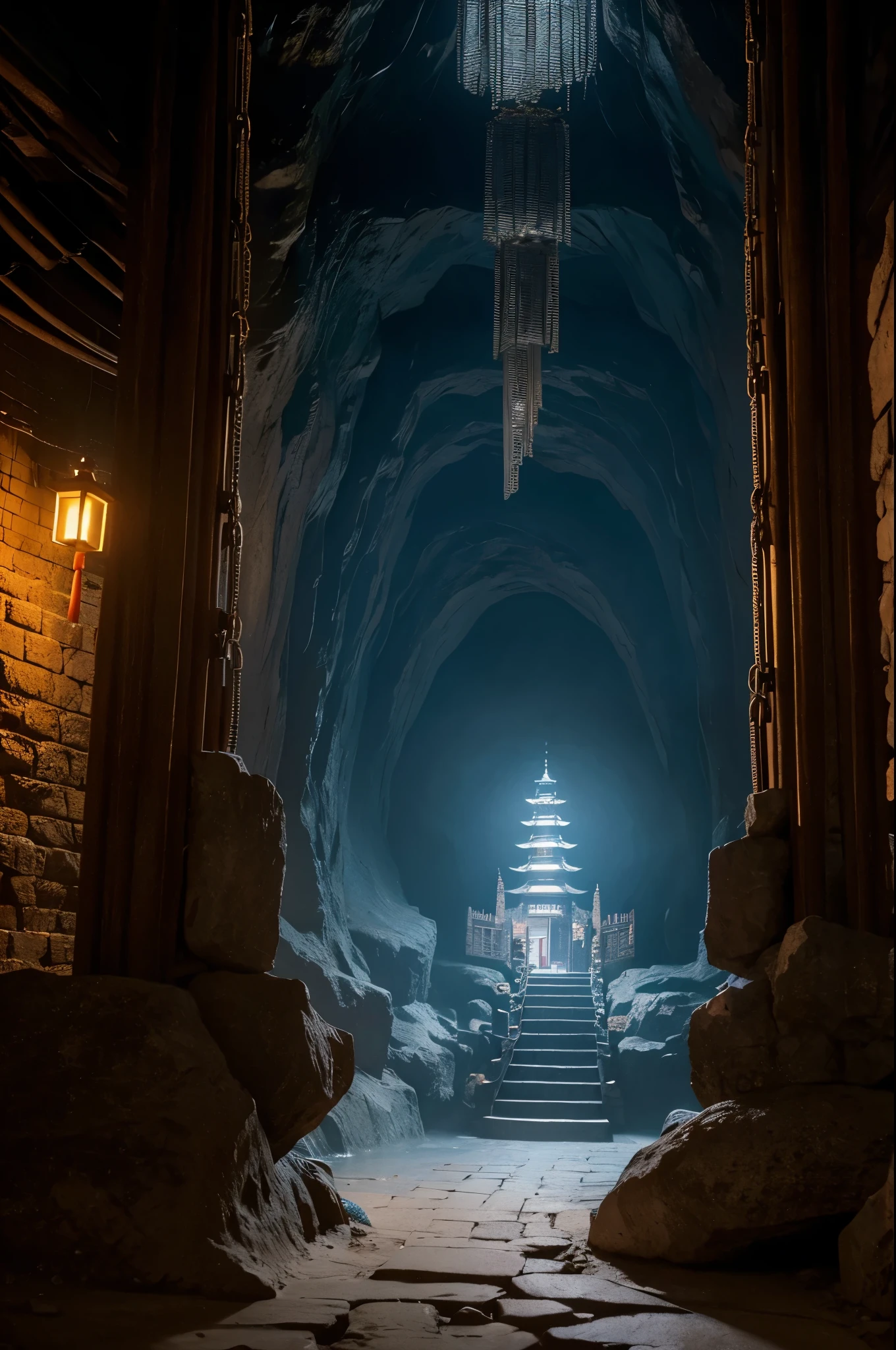 Nine-story demon tower,Chinese stone pagoda architecture,Inside the underground cave,Its corners are connected to the cave wall by chains,Many bells on the chain,There are links at every level,best quality,masterpiece,8k,High chiaroscuro