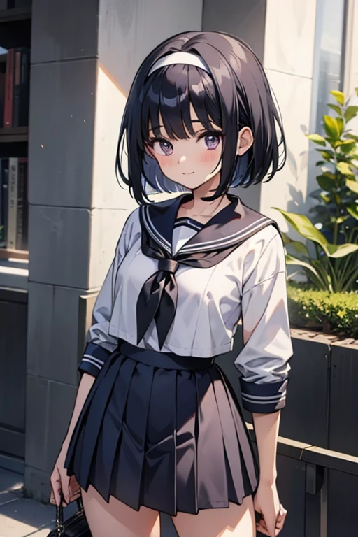 （masterpiece），（highest quality），（very detailed），（enlightenment），（ultra high resolution）, Anime adult girl with black hair and wearing a sailor suit, navy blue sailor uniform, anime style, 2D rendering of an anime adult girl, realistic young anime adult woman, Smooth anime CG art, headband, smile, purple eyes, small breasts, tall, Straight hair, short bob cut,long skirt, slanted eyes, The background is school, The length of the skirt is long, Sailor suit is long, 