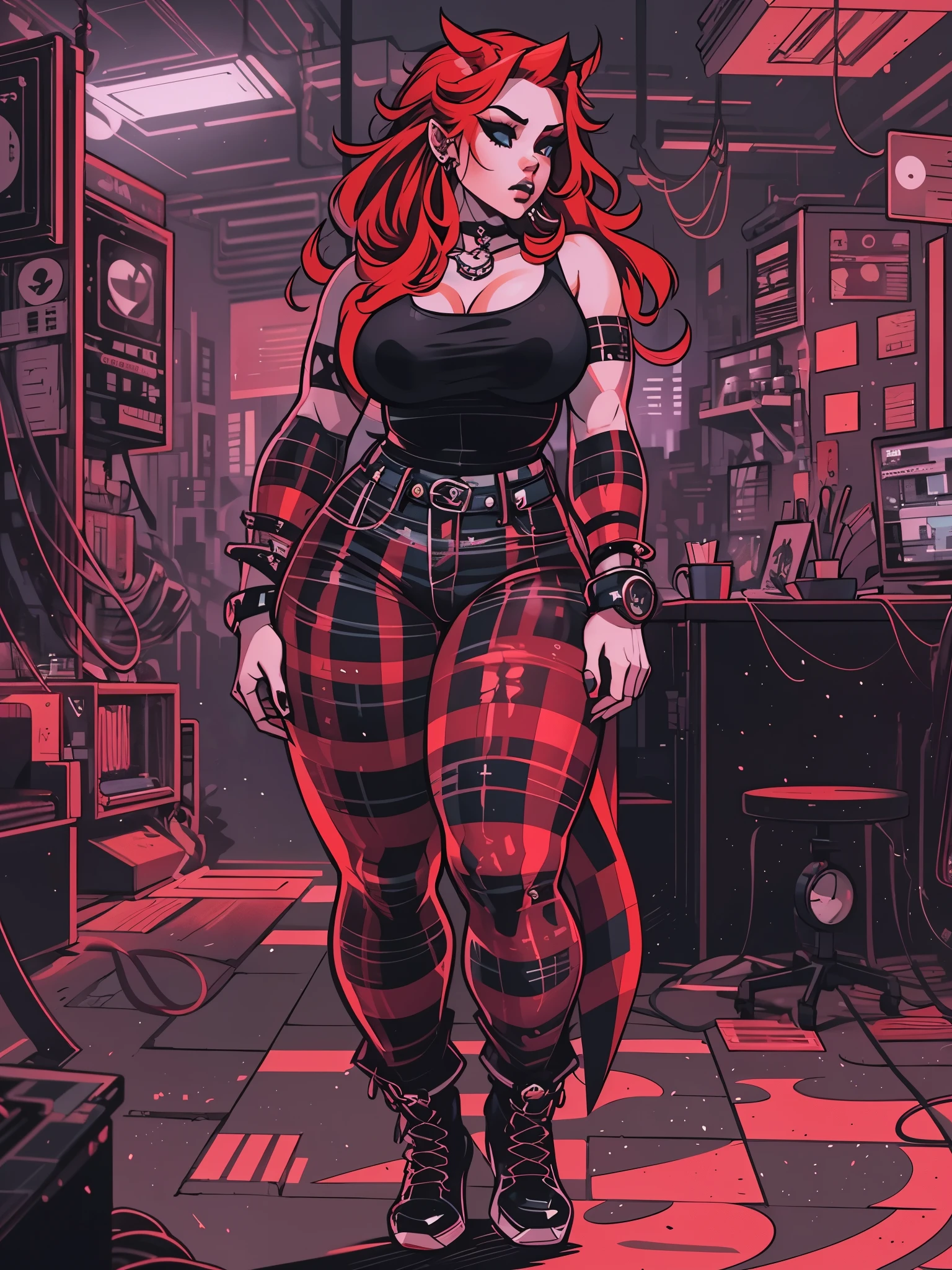 a woman with red hair wearing a black top and plaid pants, cyberpunk art, gothic art, aesthetic cute with flutter, toon aesthetic, wearing red attire, wearing gothic accessories, ((curvy body))