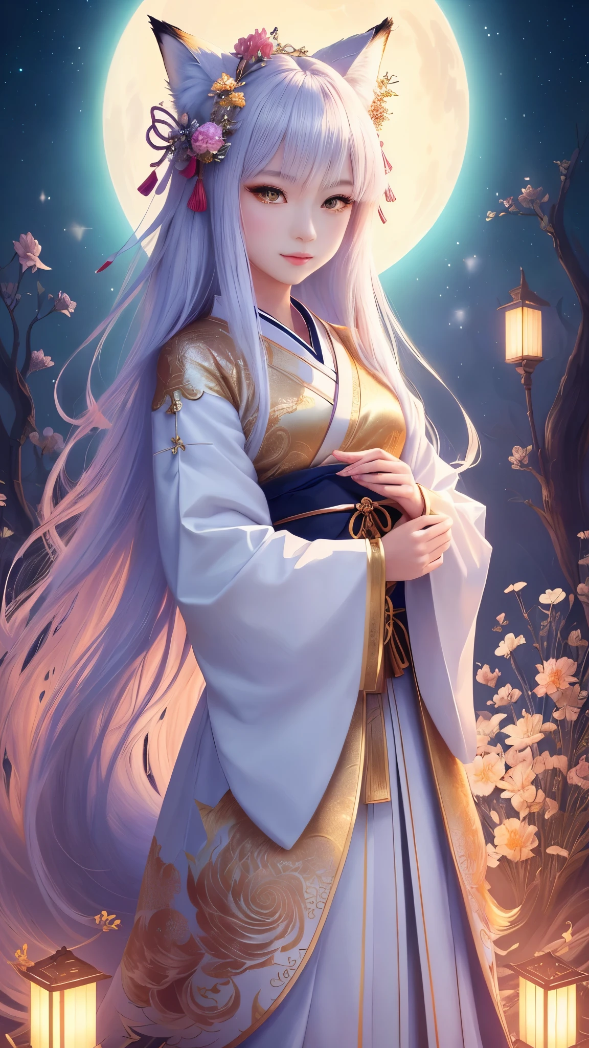 masterpiece , best quality, Close-up, masterpiece, beautiful details, colorful, delicate details, delicate lips, intricate details, genuine, ultrargenuineista, 枝に座っている色とりどりの髪のFoxを持つ女の子:cute, light makeup, ,色とりどりのFox, raposa de nine tails, 三尾Fox, 三尾Fox, onmyoji detailed art, beautiful fine art illustration, mythical creatures, Fox, beautiful digital art,shrine maiden,japanese architecture,hold hands,exquisite digital illustration, mizutsune, Inspired by mythical wild web creatures, pixiv in digital art, shining light, high contrast, Mysterious,枝に座っている色とりどりの髪のFoxを持つ女の子,front,looking at the camera