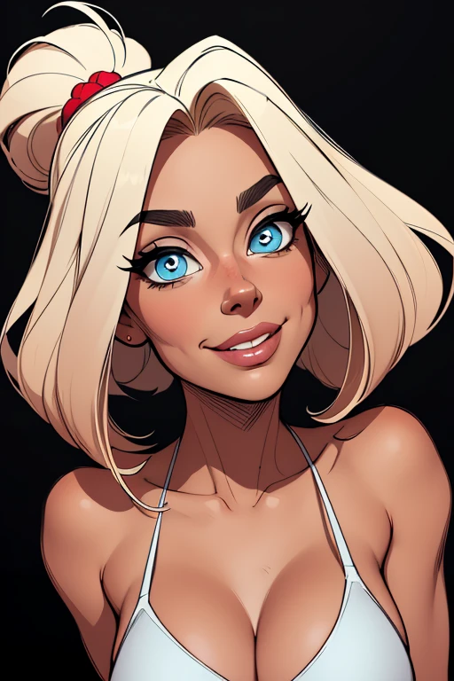 (cartoon style:1.2), Drawings of ([Spanish Woman]), perfect eyes, detailed face, black background, fun posing, flirty look, Centered, scale to fit the dimensions