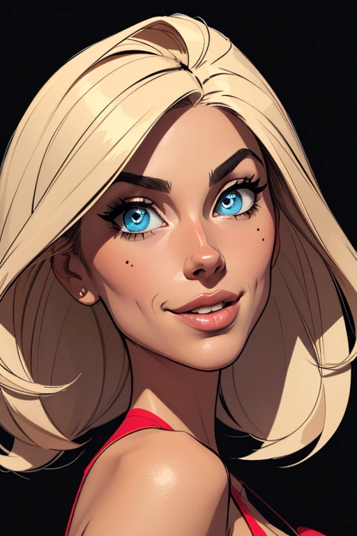 (cartoon style:1.2), Drawings of ([Spanish Woman]), perfect eyes, detailed face, black background, fun posing, flirty look, Centered, scale to fit the dimensions