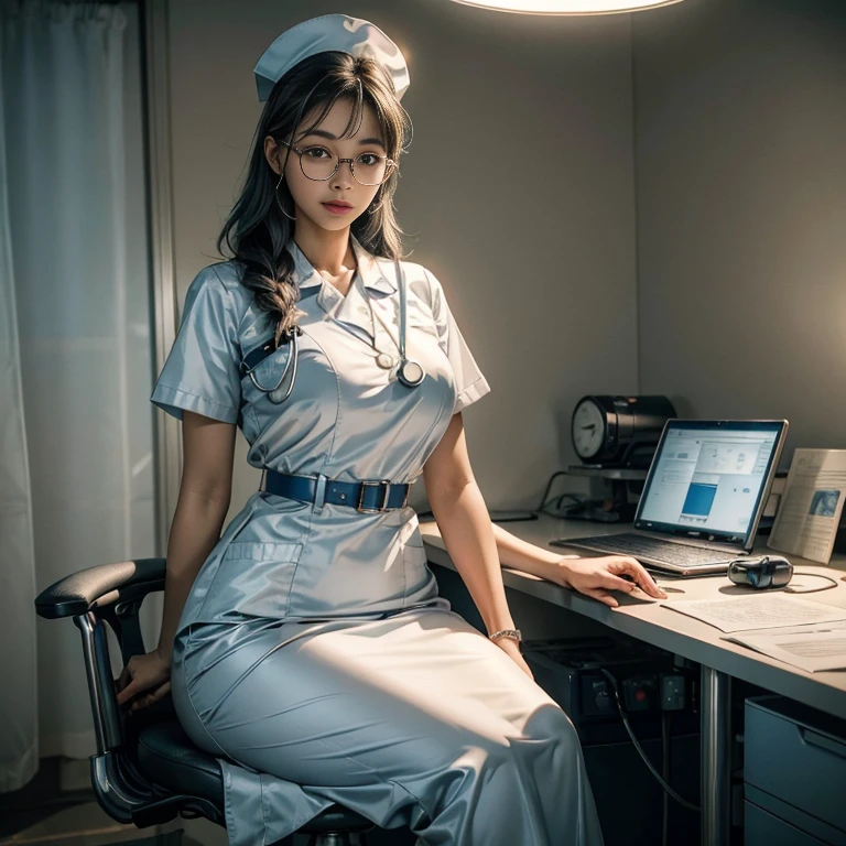 masterpiece, best quality, 1 Koreana girl with gray hair and blue eyes, wearing large, round, clear glasses, delicately sits at a desk in a hospital, gorgeous masterpiece of a nurse, beautifully detailed uniform, finely detailed uniform texture pokes through the transparent white fabric, intricately designed nurse hat, detailed lips curved into a gentle smile, shiny skin glowing under the soft hospital lights, golden stethoscope around her neck, detailed breast pockets filled with essentials, a compassionate and gentle expression on her face, ultra-fine description of every fiber and curve.