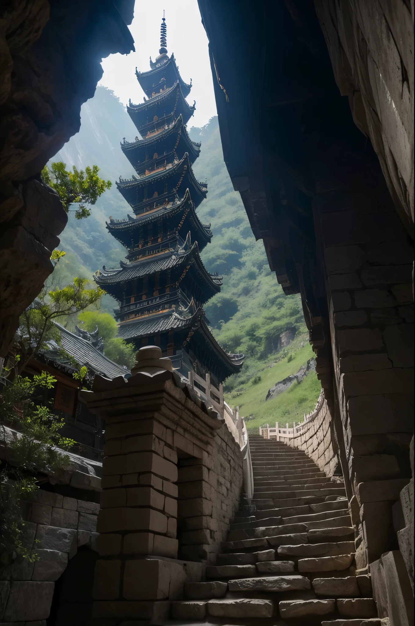 Nine-story demon tower，Chinese stone pagoda architecture，Inside the underground cave，Its corners are connected to the cave wall by chains，Many bells on the chain，There are links at every level，best quality，masterpiece，8k，High chiaroscuro