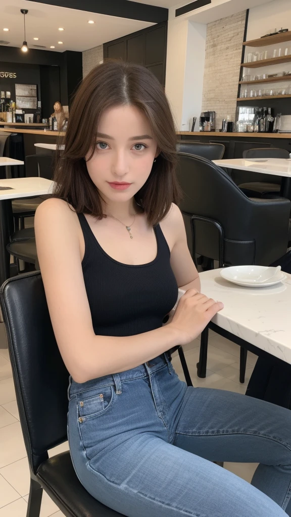 (Realistic, high resolution:1.2), 1 fille, Visage et yeux super fins, Cheveux longs, Skinny Black Tank Top with Black Jacket, jeans court, Sitting on a café chair, in the café, coffee on table, gros seins