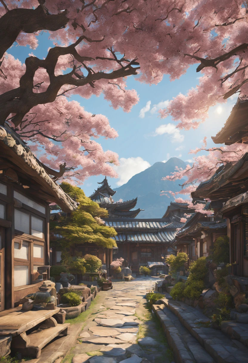 (micro landscape:1.8,Vision,High viewing angle lens),((best quality)),masterpiece,Ultra-detailed,best quality,8k,Antique game scene design,View of Gangnam Town,Streets and alleys crisscross,big tree,Floral fragrance,Flowers in the bushes,trees blossom,Sakura architecture,Antique carved door beam,Nature,landscape,Exterior,During the day,sky sky,blue sky,(Very detailed CG unified 8k wallpaper),Ray tracing