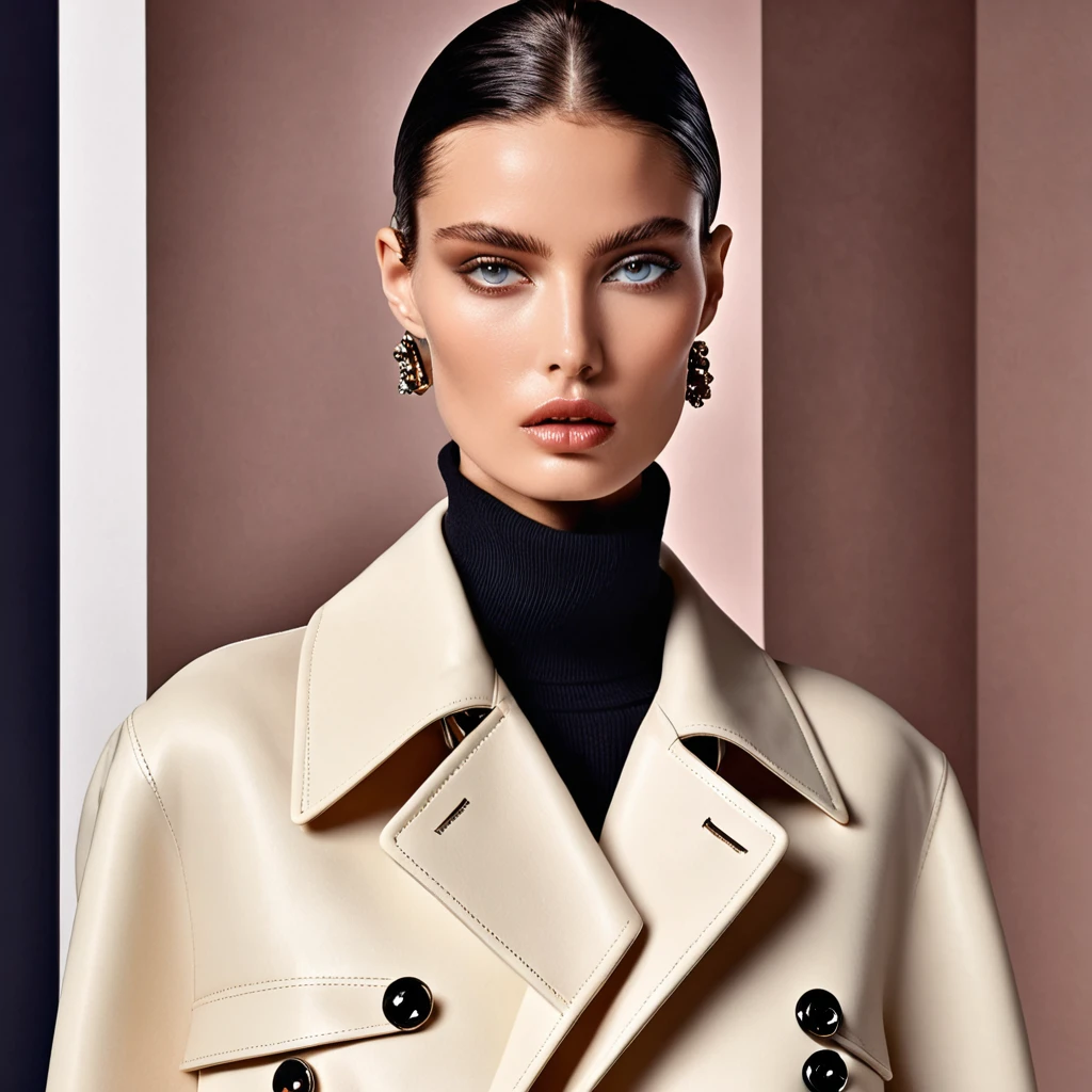 classy top model wearing Balenciaga, magical, crisp, smooth, attractive look; design centered around the model's eyes, classy and elegant, fashion background