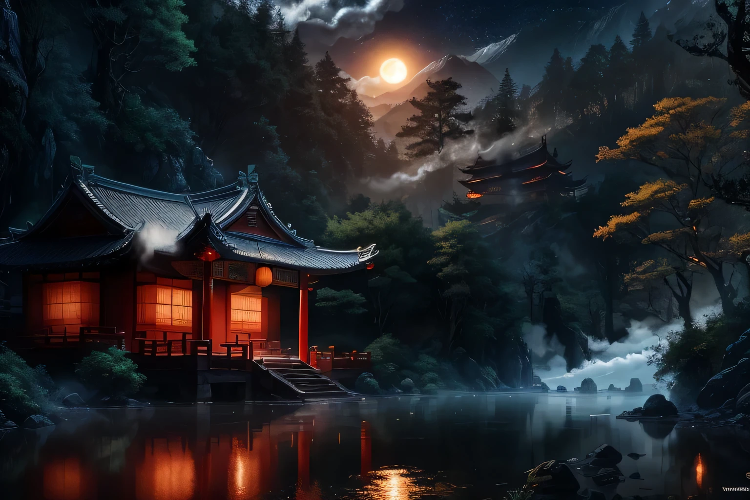 (Extremely detailed CG unified 8k wallpaper、masterpiece、best quality、Best light and best details)Deep in the dense forest,Steaming mist、Babbling water,The bright moonlight and twinkling stars complement each other,Ancient Chinese architecture、in a complicated atmosphere,Fully enjoy the beauty of nature。