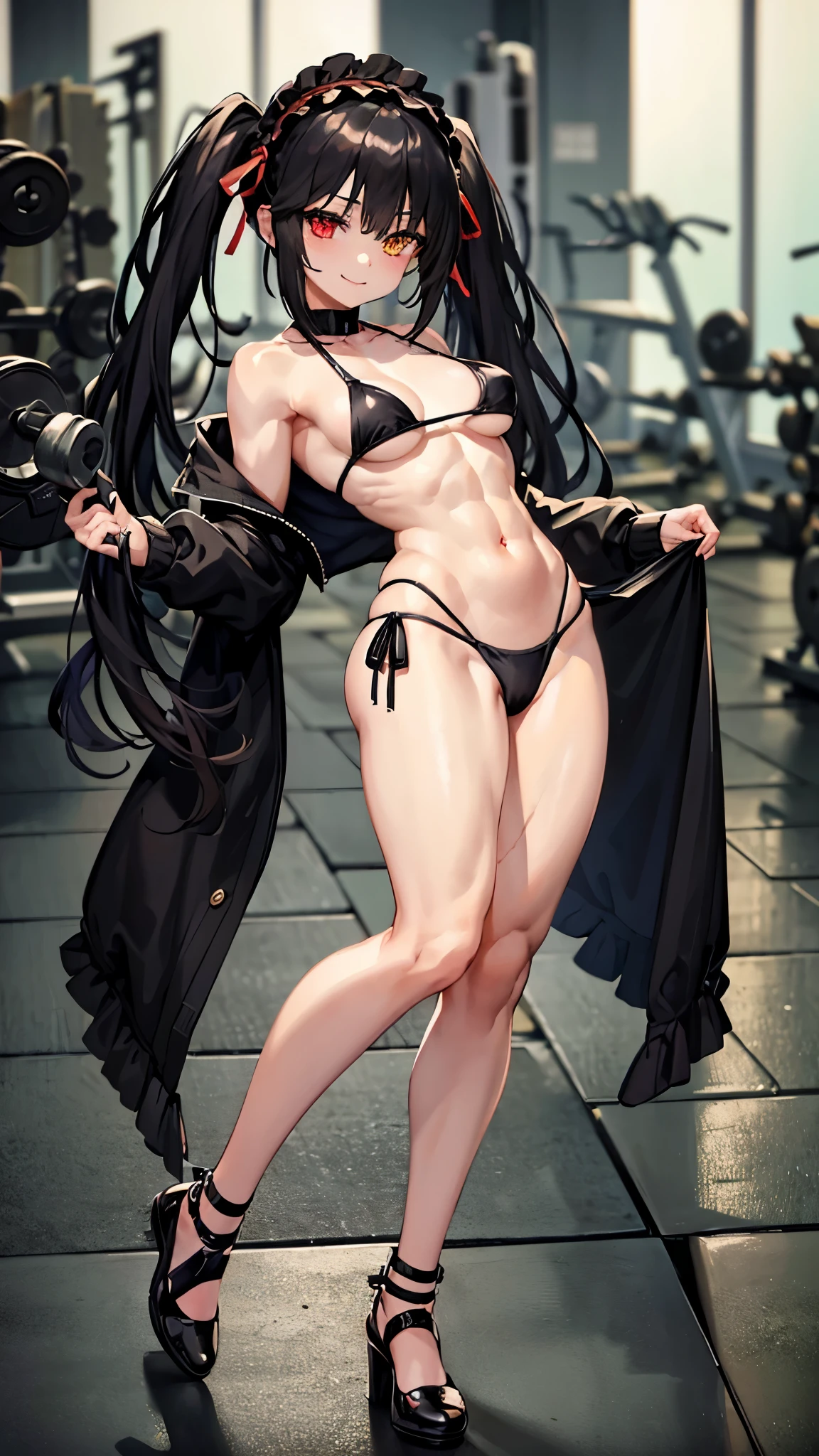 1 girl, Bare shoulders, Black hair, medium breasts, (muscular legs), bare legs, muscular belly, wide hips, thin waist, (((clock eyes))), (wearing a very short and sexy bikini), ( ((in the gym lifting weights))), full body photo, hair bow, (standing), heterochromia, black high heel shoes, Lolita hair band, Long hair, looking at viewer, red eyes, smiling, Alone, symbol-shaped pupils, (Kurumi tokisaki), (twintails), yellow eyes,