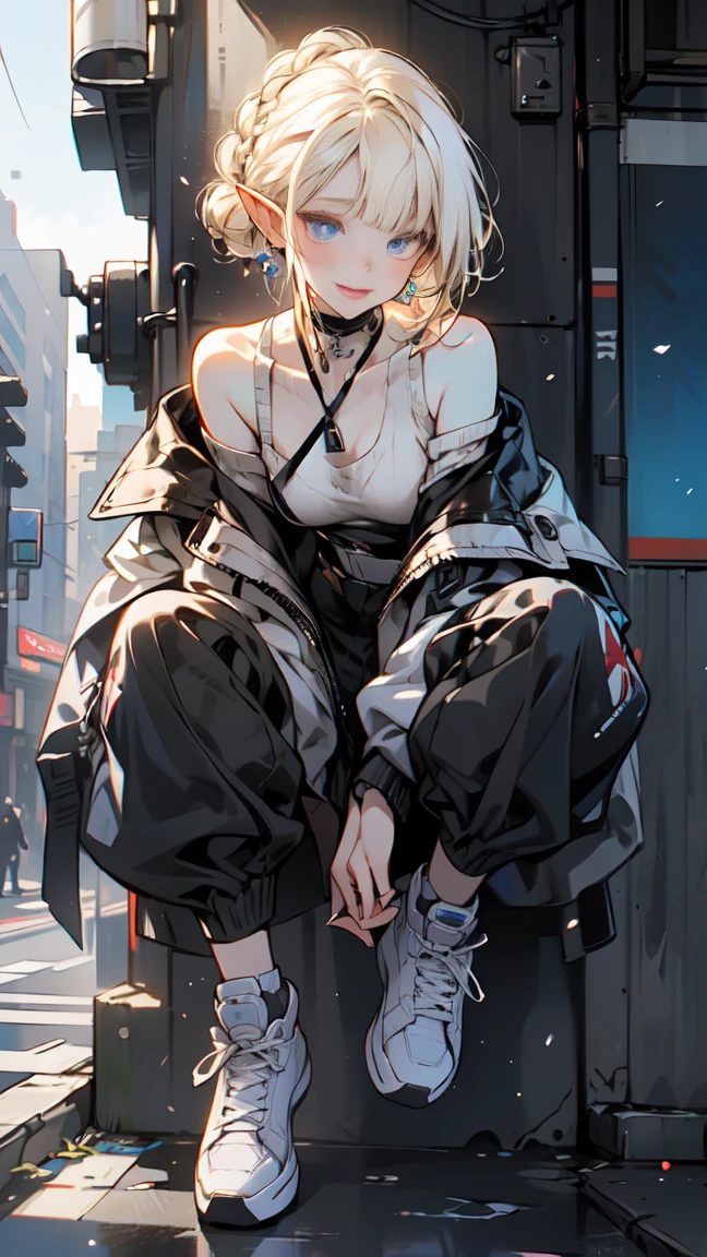 (1 Elf Girl), (beauty elf girl), (Super high quality), masterpiece, casual scene, relaxed atmosphere, She is dressed in a trendy techwear outfit, Stylish sweaters and skirts, With comfortable sneakers, Sunlight that gives off warm tones, Street atmosphere, urban environment. perfect body, (G cup:1.2), light smile, Fresh, (asymmetrical bangs:1.3), braid bun hair, short hair, highly detailed face and eyes, perfect lips, (white blonde hair, deep blue eyes:1.2),cyber punk, Science fiction, (bare shoulders), digital art, beautiful, cinematic lighting, by Yusuke Murata.