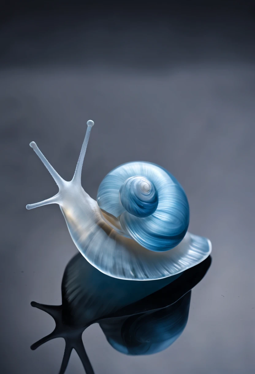 solo sea snail shell, transparent glassy texture, very light blue color touch, dark black back ground, Futurism, depth of field, masterpiece, high details, high quality, HD