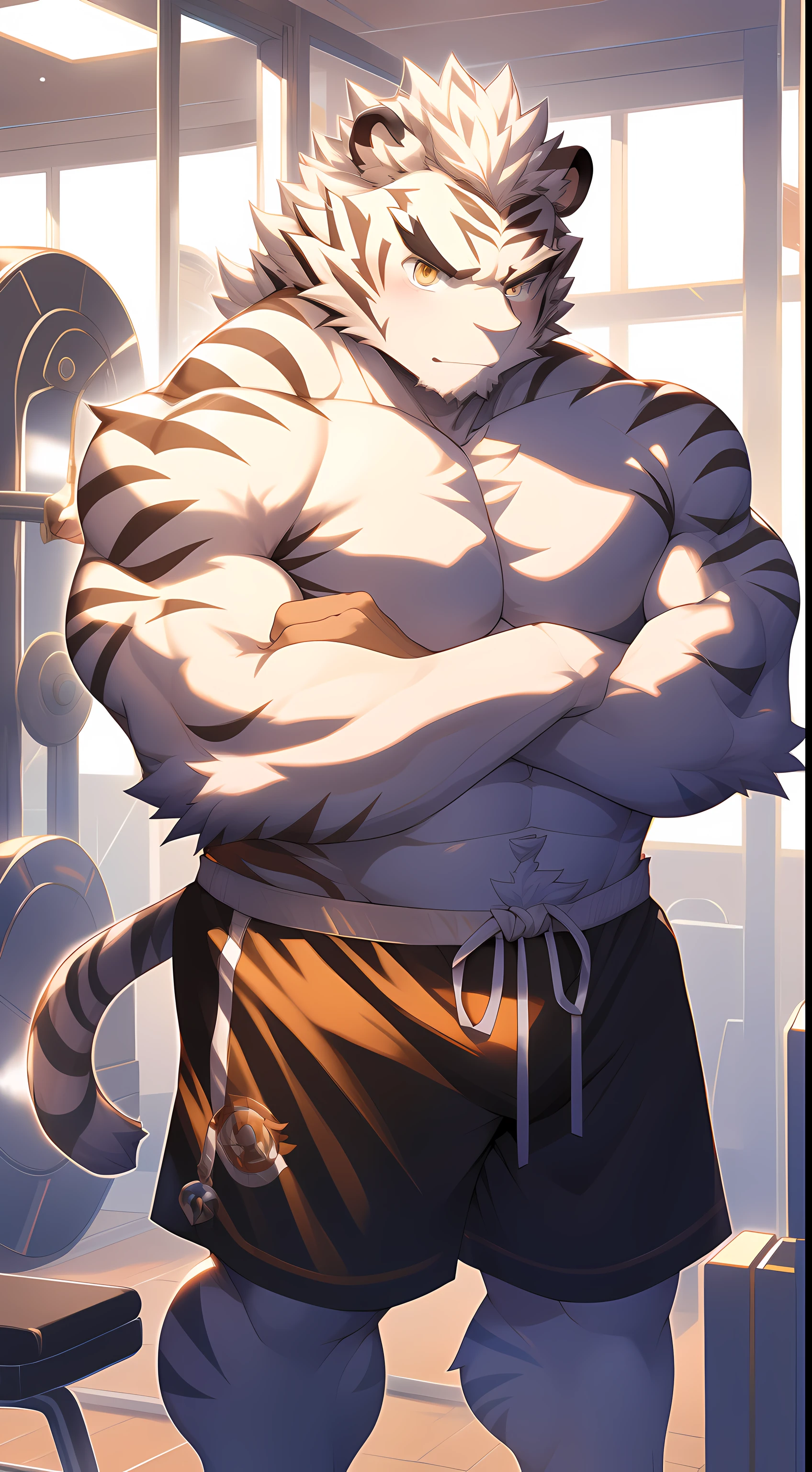 masterpiece,Anthropomorphic white tiger,male,26 years old,thick eyebrows,White hair,Strong body,Large pecs,Shirtless,yellow tight shorts,Raise the barbell,in the gym,Serious,looking towards the viewer,Golden pupils,strong,alone,street frontage,Full body image