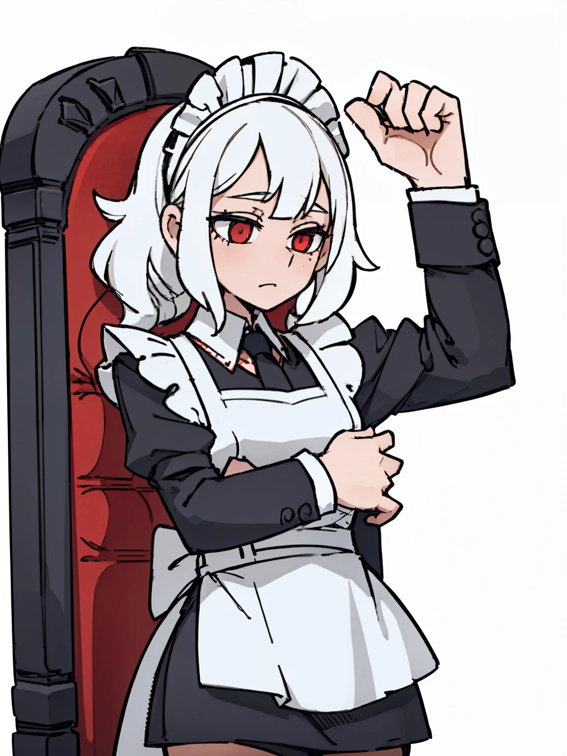 A girl frontal,((Three-quarters),(Long curly white hair),(the maid outfit)),Young, White background