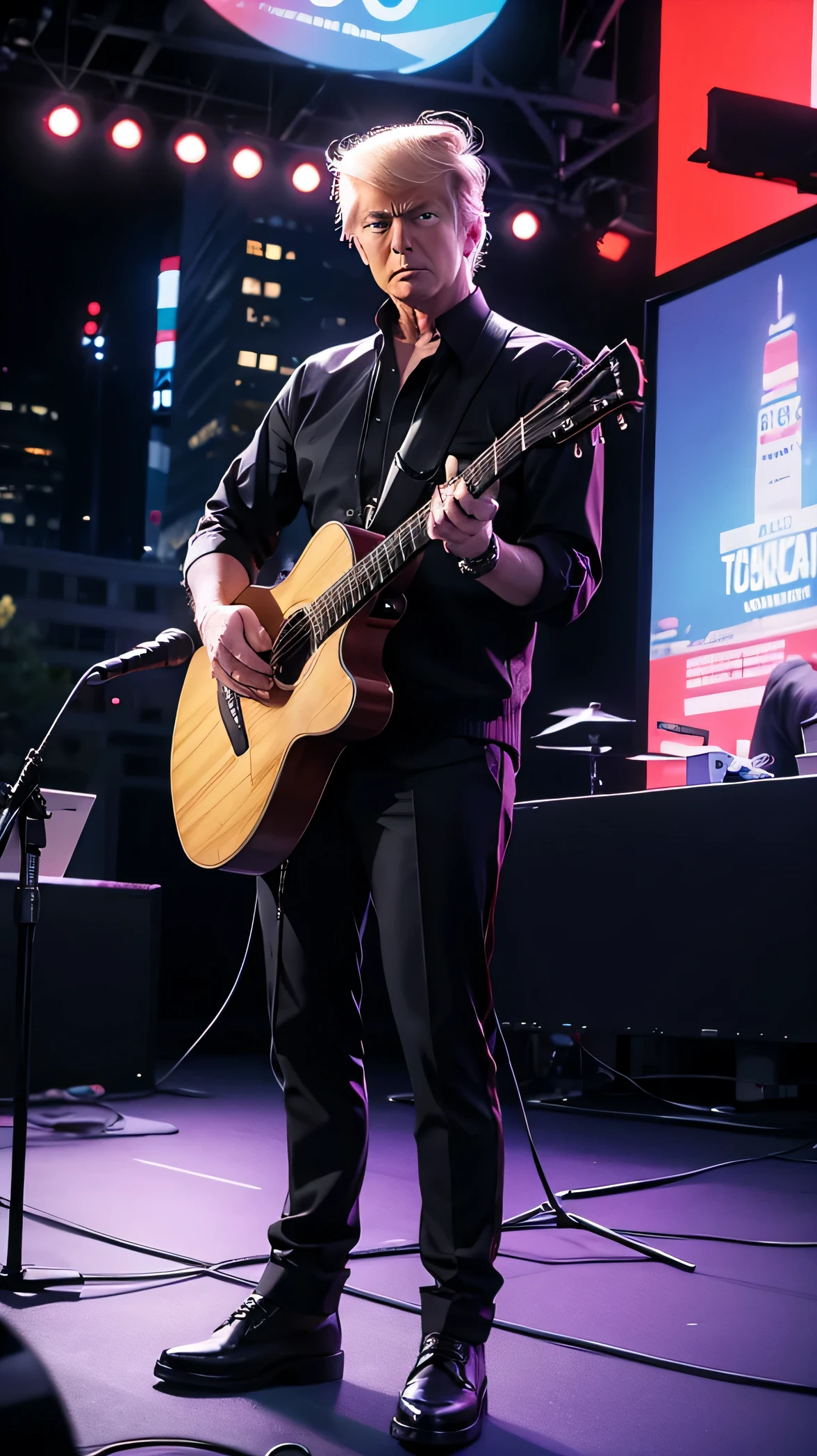 (donald Trump fotorrealista) 8k, rock and roll dress, tocando guitarra eletric guitar na Times Square, uhd, only him, alta qualidade, usando pent, uhd