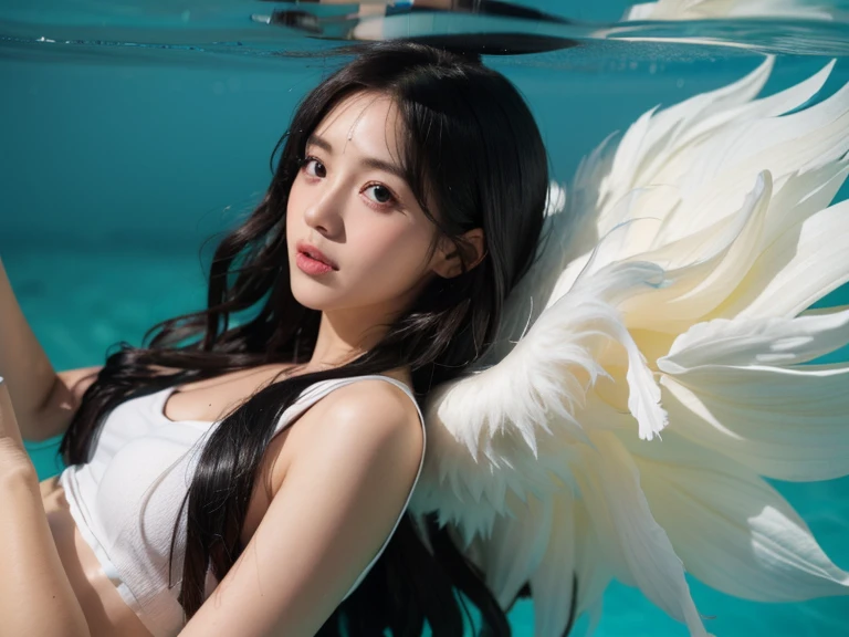 Underwater girl, Long flowing red hair, angel wings, Orange and white lilies