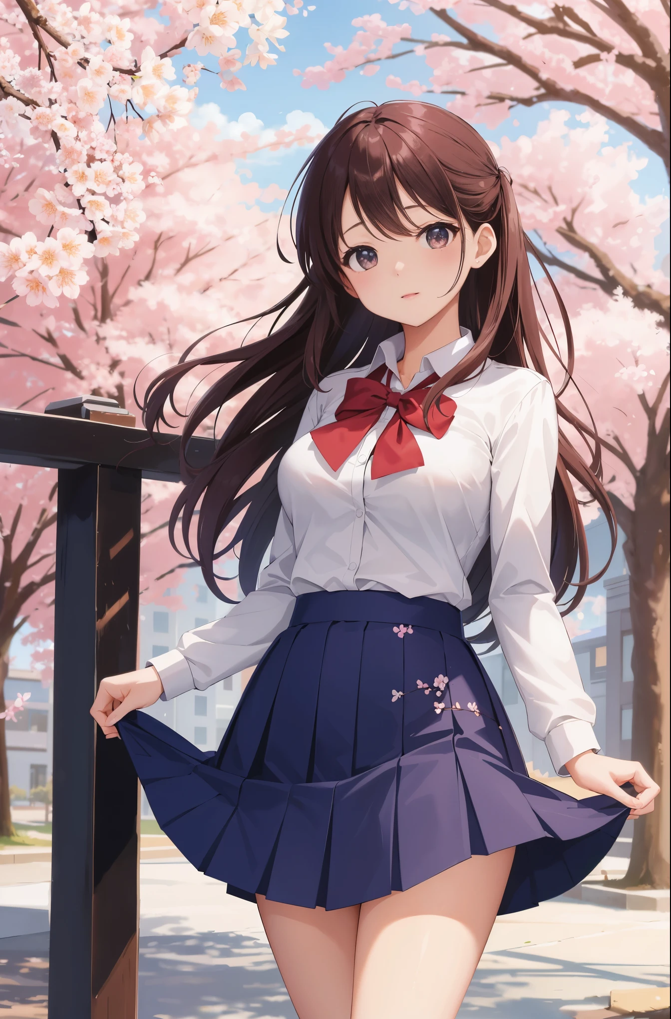 masterpiece, highest quality, High resolution, very detailed, detailed background, cinematic lighting, 1 girl, cute, medium breasts, school uniform, skirt lift, public indecency, looking at the viewer, building, outdoor, cherry blossoms, Bokeh,