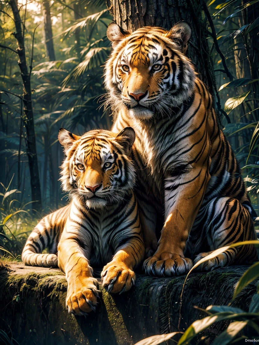 (8K, Raw photo, Best Quality, masutepiece:1.2), 2 adult tigers, 2 tiger cubs, posing for camera, nature,
