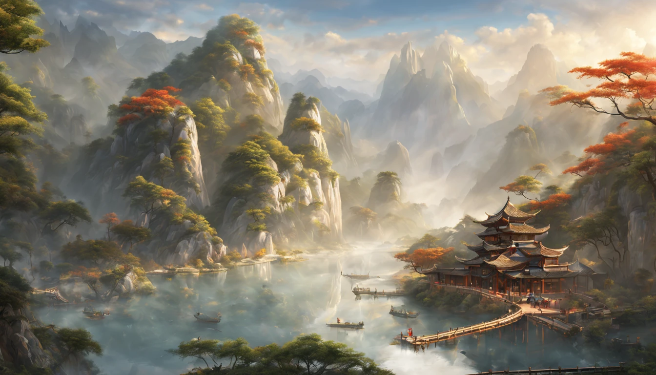 chinese wind mountains, river, Xiangyun, exhibition hall, Sunlight, masterpiece, Super details, epic work, ultra high definition, high quality, Very detailed, official art, unified 8k wallpaper, Super details, 32k --automatic