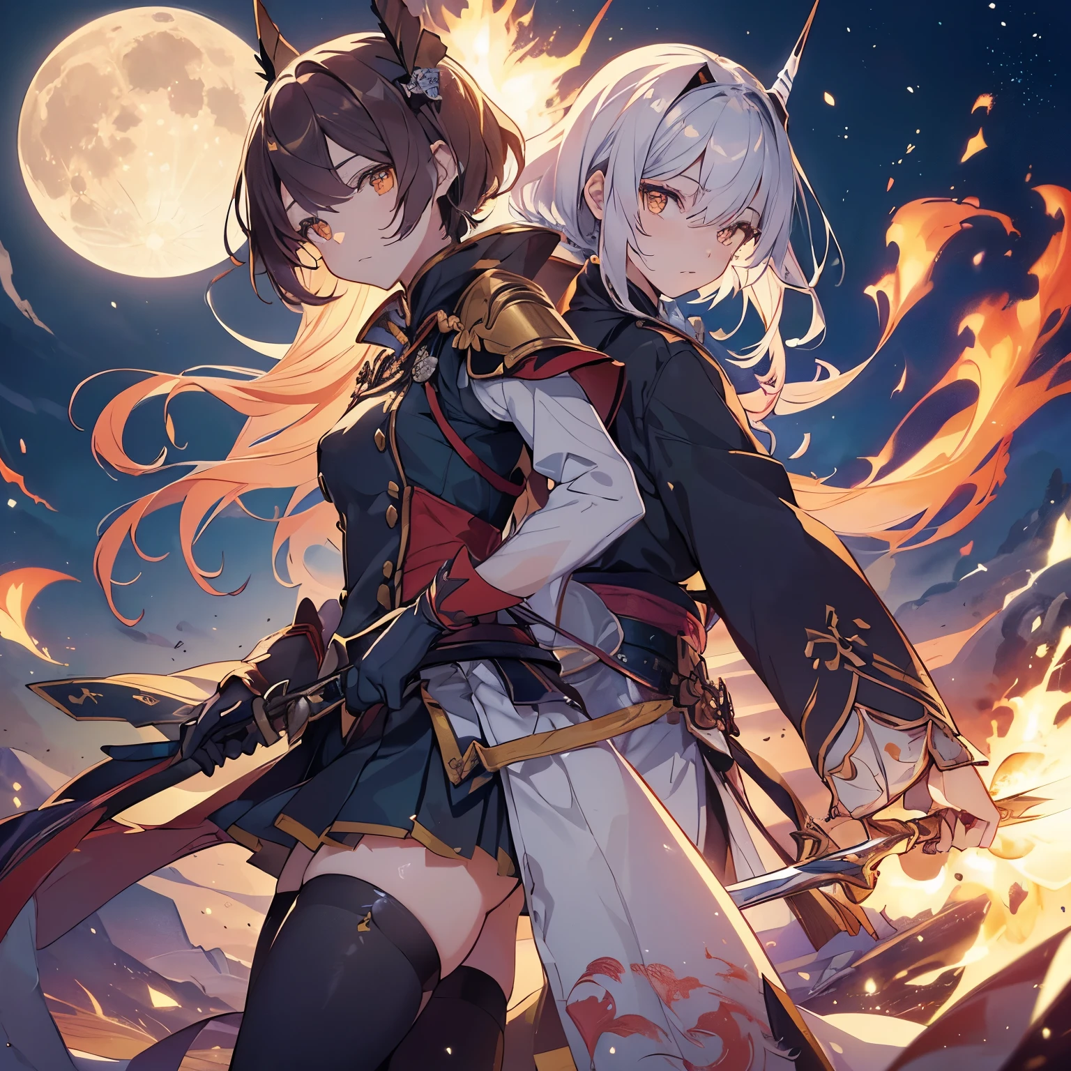 (fantasy illustration:1.5), (alone:1.2), (anime,8K,masterpiece, highest quality, highest quality,beautiful and aesthetic:1.2,professional illustration:1.1, 2D beautiful girl:1.5、highest quality:1.5、perfect fingers:1.1、perfect anatomy:1.1、perfect face:1.1、perfect hands:1.1、perfect feet:1.1、((刀身がinflammationに包まれた赤い剣を手で持っている少女)),full-plate-armor,redhead,(golden eyes),inflammation、sparks,perfect moon in the background,((刀身がinflammationに包まれた赤い剣を手で持っている少女))