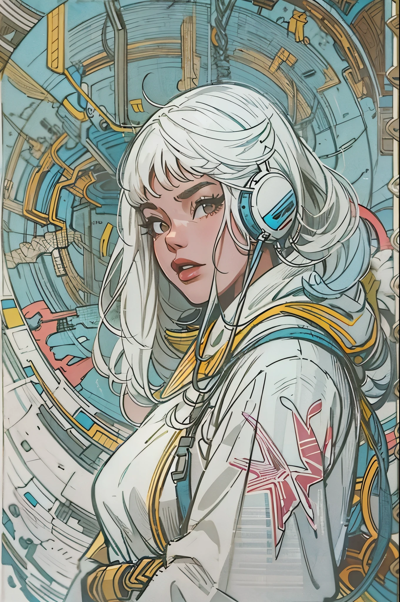 1monk warrior girl with white techwear clothes, white long hair, laces, abstract vintage scifi background, art by Moebius, art by Ashley Wood