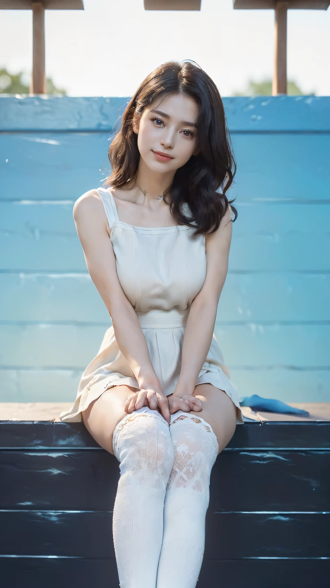 ((((8k))),((Extremely detailed CG)) ,(wallpaper),16k,((extremely delicate and beautiful)),(((masterpiece))),(((best quality))),(((超high resolution))),beautiful lights,perfect lightning,Realistic shadows,[high resolution],(Smooth and flawless fair skin:1.5),(pale skin:1.3),Facial details are extremely delicate,(Perfect body:1.1),Super detailed,a beautiful girl,small head,(Black curly hair:1.1),small face,Exquisite makeup,(big breasts:1.1),Slim,thin,happy,Smile,(blue sky:1.3),(Slender legs:1.2),(White knee socks:1.3),(sports shoes:1.1),(Daytime scene:1.5),outdoor,(Sitting on a thin wooden board:1.5),(From diagonally below:1.5),(permanent:1.3),(whole body:1.2),(from the front:1.3),（Short dress）（looking down camera：1.3）（Bring your legs together）