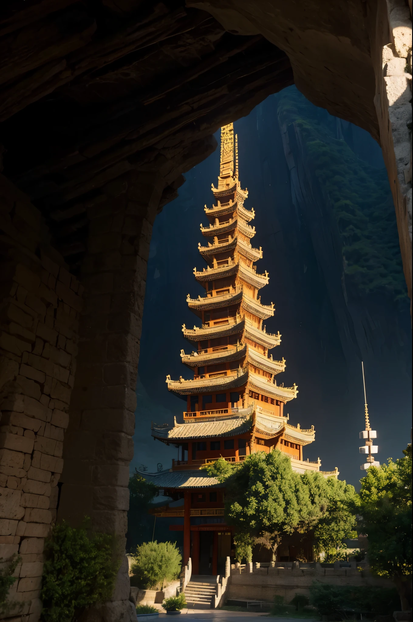 Nine-story demon tower,(Chinese stone pagoda architecture:1.5),gigantic tower,,Inside the underground cave,Its corners are connected to the cave wall by chains,Many bells on the chain,There are links at every level,best quality,masterpiece,8k,High chiaroscuro