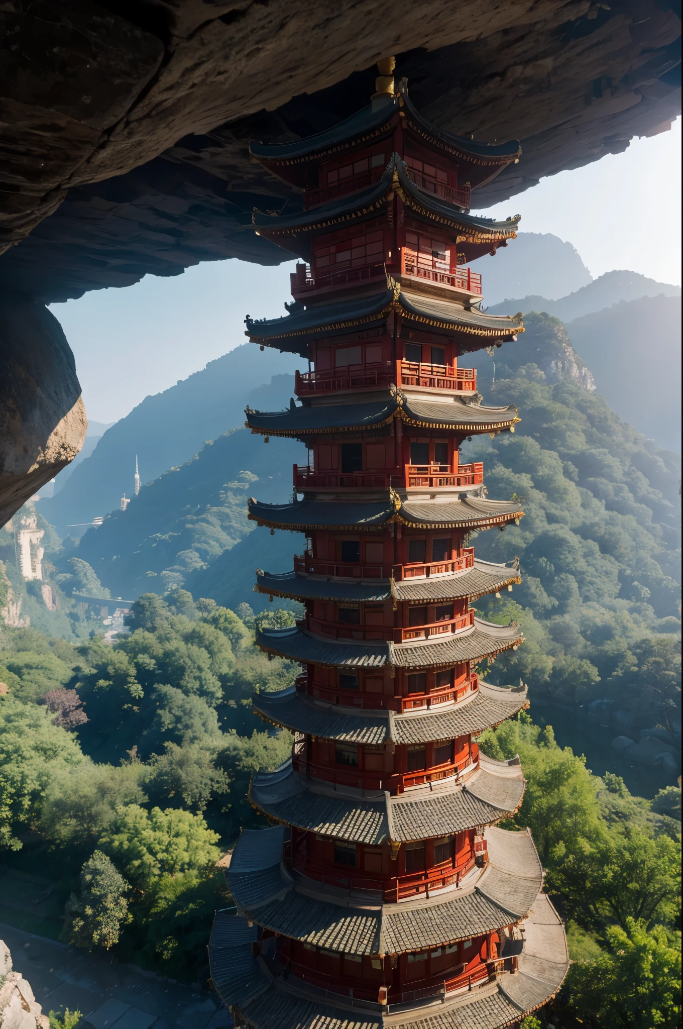 Nine-story demon tower，（Chinese stone pagoda architecture：1.5），gigantic tower，，Inside the underground cave，Its corners are connected to the cave wall by chains，Many bells on the chain，There are links at every level，best quality，masterpiece，8k，High chiaroscuro