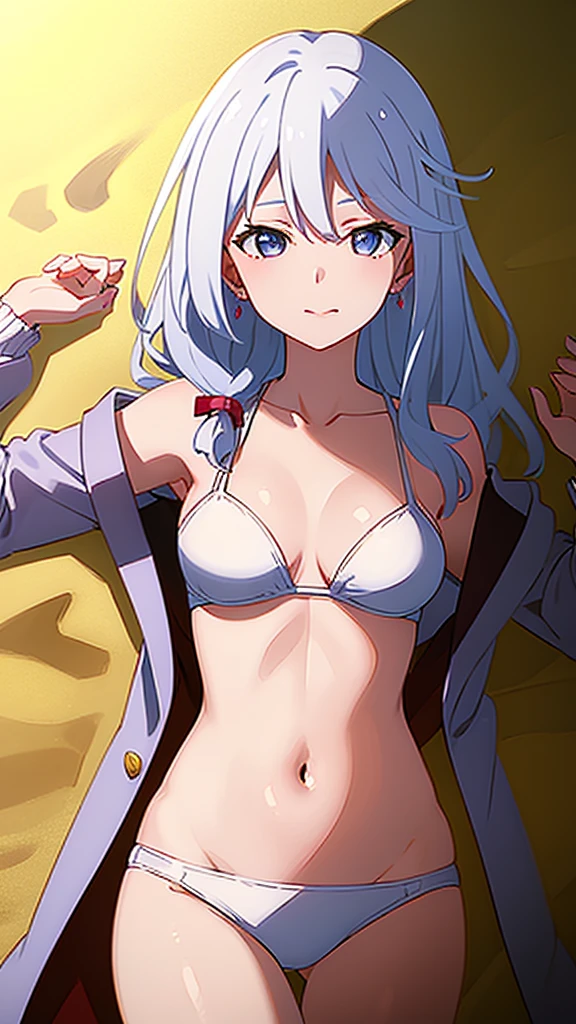 masterpiece, best quality, 1 solo girl, white hair, purple eyes, wavy hair, long hair, medium breasts, mature body and face, white bikini, jewelry, hair ornament, earrings, ball, lying at the sand, white sand, summer, cowboy shots, sexy pose, dakimakura, detailed body, face, and eyes, sharp focus, vibrant, creative, dynamic, high definition, high resolution, 8k, (Upscale: R-ESRGAN 4x+ Anime6B), (Image enchance:4x), voluptuous body, summer girl,