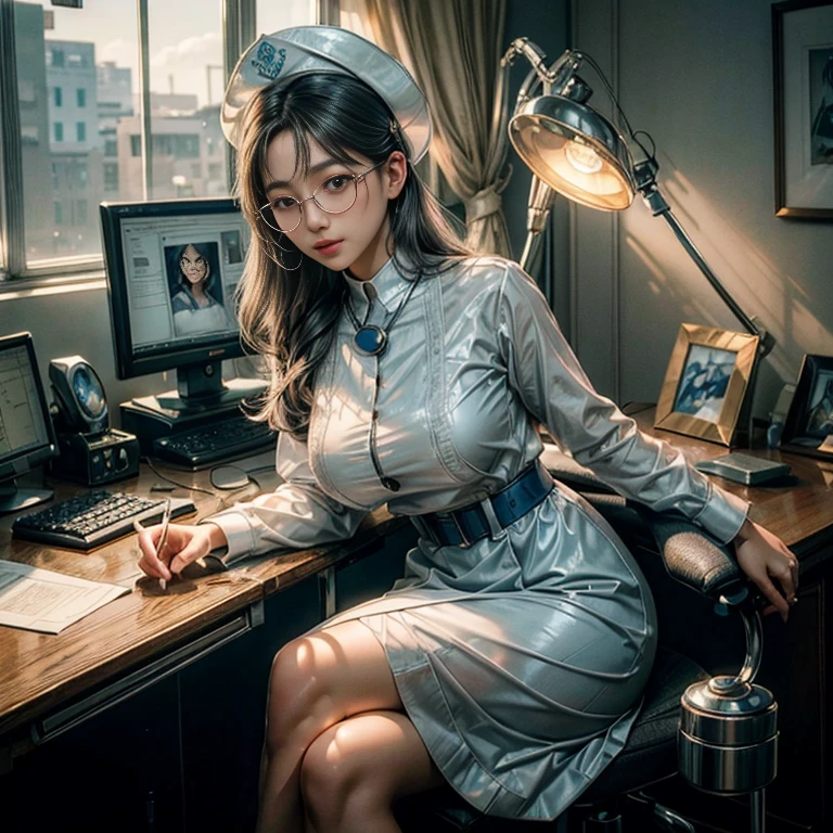 masterpiece, best quality, 1 Koreana girl with gray hair and blue eyes, wearing large, round, clear glasses, delicately sits at a desk in a hospital, gorgeous masterpiece of a nurse, beautifully detailed uniform, finely detailed uniform texture pokes through the transparent white fabric, intricately designed nurse hat, detailed lips curved into a gentle smile, shiny skin glowing under the soft hospital lights, golden stethoscope around her neck, detailed breast pockets filled with essentials, a compassionate and gentle expression on her face, ultra-fine description of every fiber and curve.