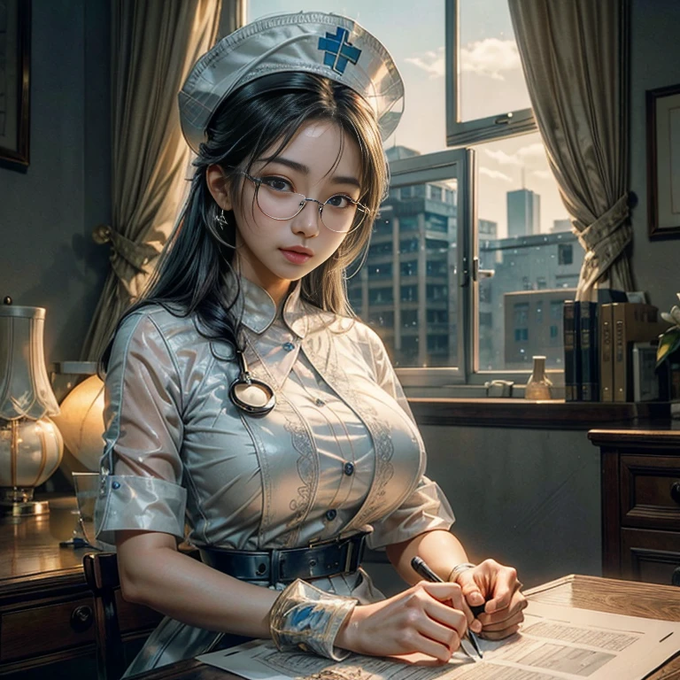 masterpiece, best quality, 1 Koreana girl with gray hair and blue eyes, wearing large, round, clear glasses, delicately sits at a desk in a hospital, gorgeous masterpiece of a nurse, beautifully detailed uniform, finely detailed uniform texture pokes through the transparent white fabric, intricately designed nurse hat, detailed lips curved into a gentle smile, shiny skin glowing under the soft hospital lights, golden stethoscope around her neck, detailed breast pockets filled with essentials, a compassionate and gentle expression on her face, ultra-fine description of every fiber and curve.