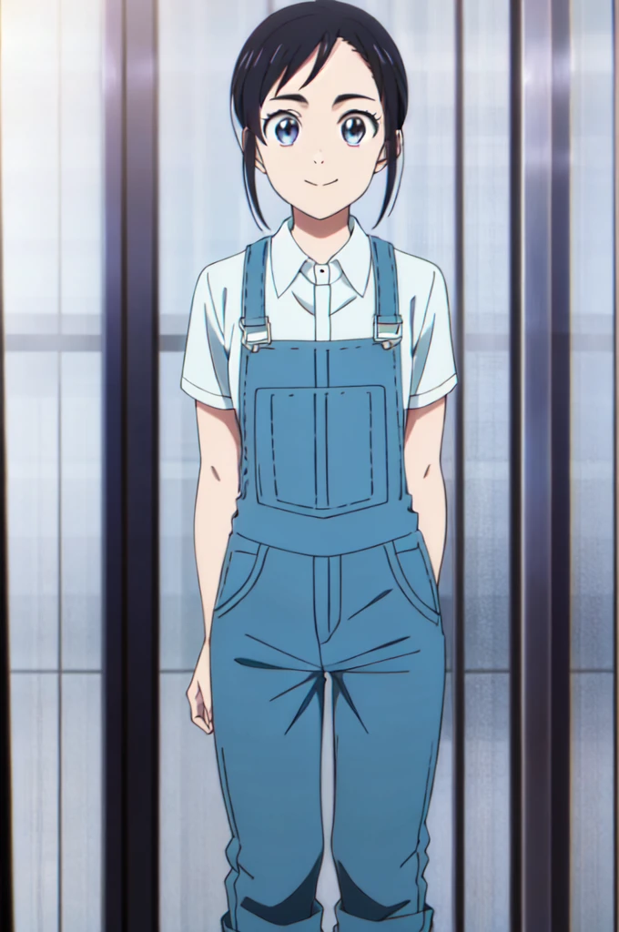 IsakiMagari,1girl, overalls, white collared shirt, short sleeves, solo, facing viewer, looking at viewer, smile.