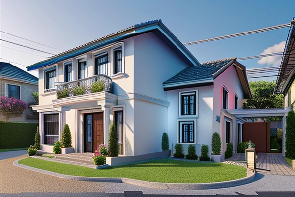 Modern townhouse, combining neoclassical style, street, car running in front of the house, (LoGo:1.5 not appearing), Modern Style, Extremely detailed image, masterpiece, surreal, rendered by vray 2023, 8k rendering, White walls, aluminum glass doors and windows, large yard covered with ceramic tiles, Natural light, cloudy, daytime a few clusters of beautiful small flower pots 8K