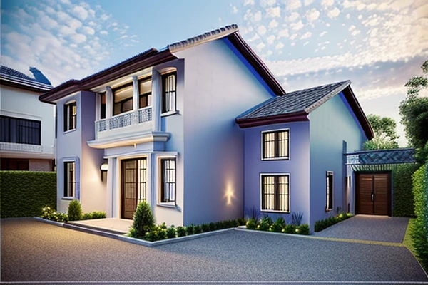 Modern townhouse, combining neoclassical style, street, car running in front of the house, (LoGo:1.5 not appearing), Modern Style, Extremely detailed image, masterpiece, surreal, rendered by vray 2023, 8k rendering, White walls, aluminum glass doors and windows, large yard covered with ceramic tiles, Natural light, cloudy, daytime a few clusters of beautiful small flower pots 8K