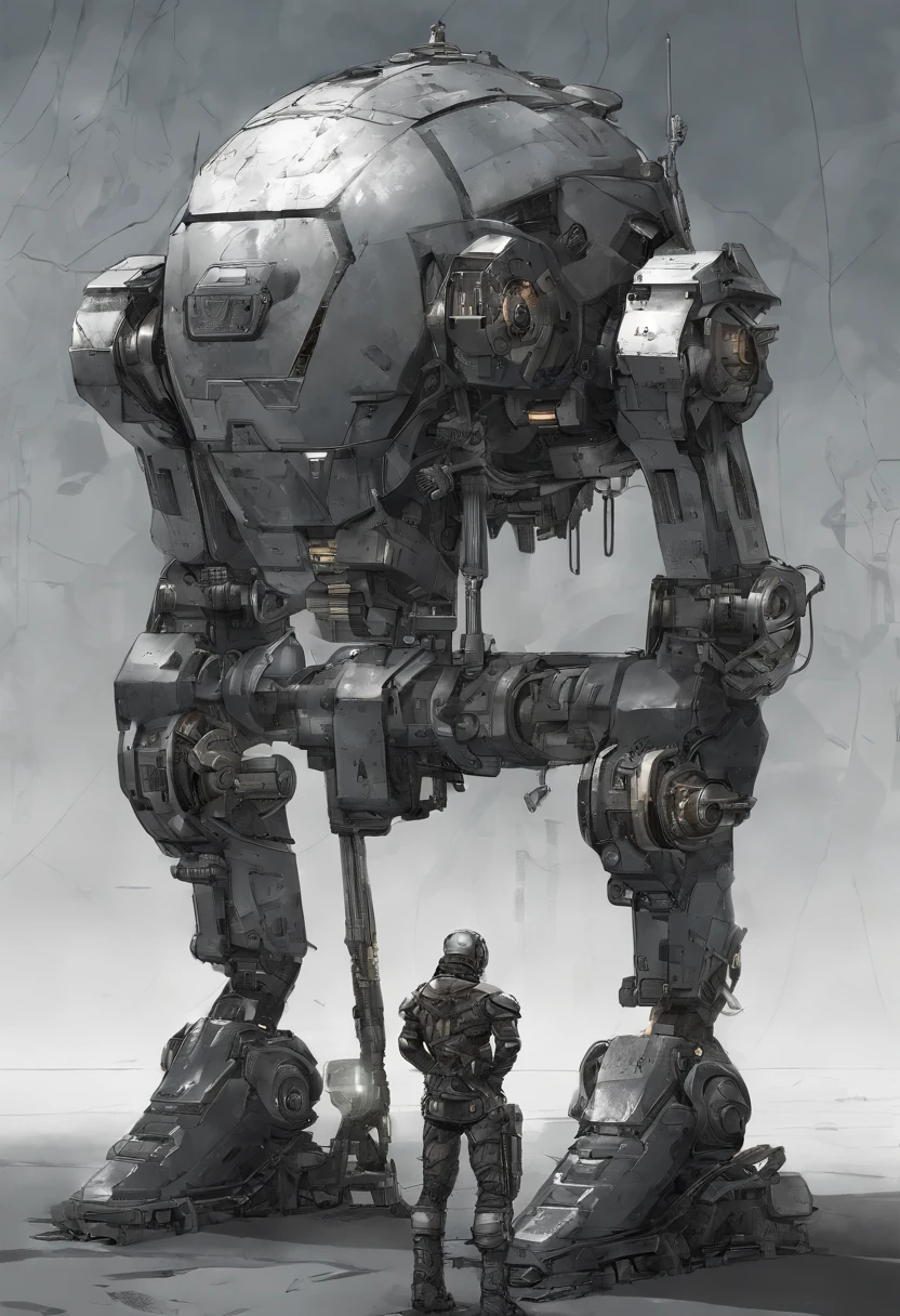mechanical,robot,weapons,sturdy,Combat use,Color is silver,A round crystal ball is embedded in the chest.,Chest is weak point,firearm in arm,thrusters on legs,face is monitor,jetpacks,