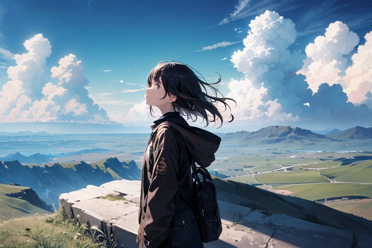 disorganized, High resolution, (official art, beautiful and aesthetic:1.2), close view,
shining sky, vast world, girl, stare, awe-inspiring expression, distant horizon, cloud, High Hill, beauty of nature, Inspiration, light effect,